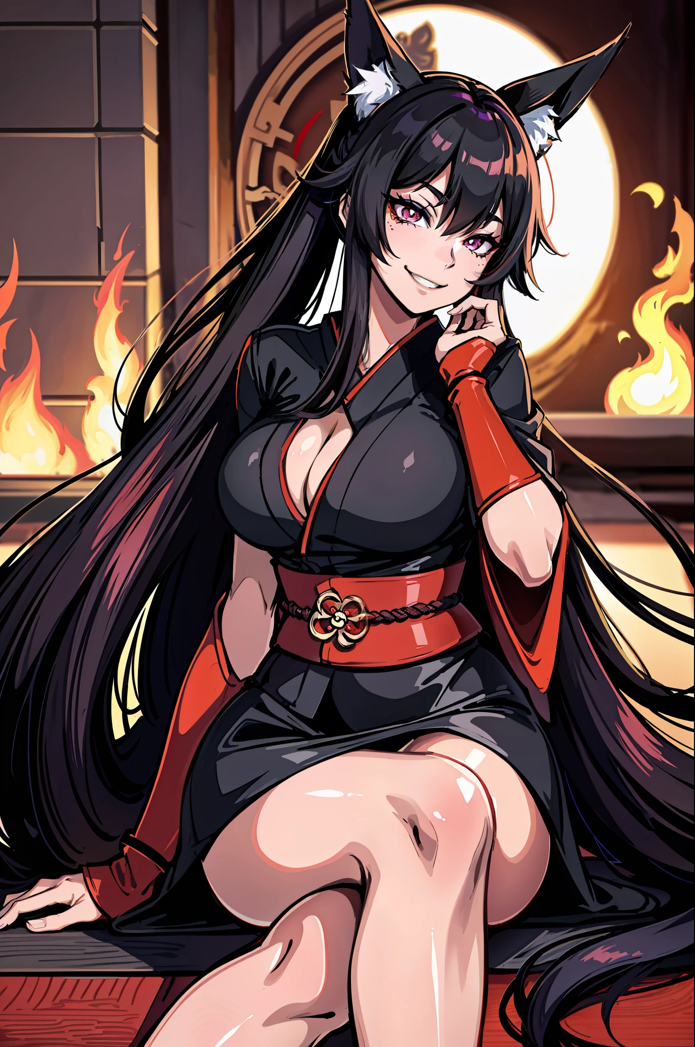 a Woman with black hair, Fox ears, (Villain) (Pink Eyes) (Anime Villain) (Wearing a long red Kimono with a neckline on bust) (in a Japanese temple on fire) (Smiling mischievously) (Villain's Smile) (Fox Woman) (Kumiho) (Nine-Tailed Fox) (Ahri league of lengens) Full body commission for anime, hyper realistic texture, realistic photo, ultra detailed, no drawing edges, would be, realistic photo, dark scenery, natural lighting, realistic lighting, dark edges, detailed shadows, no drawing edges, ultra absurd photorealistic, mega realistic hair, mega realistic clothes,