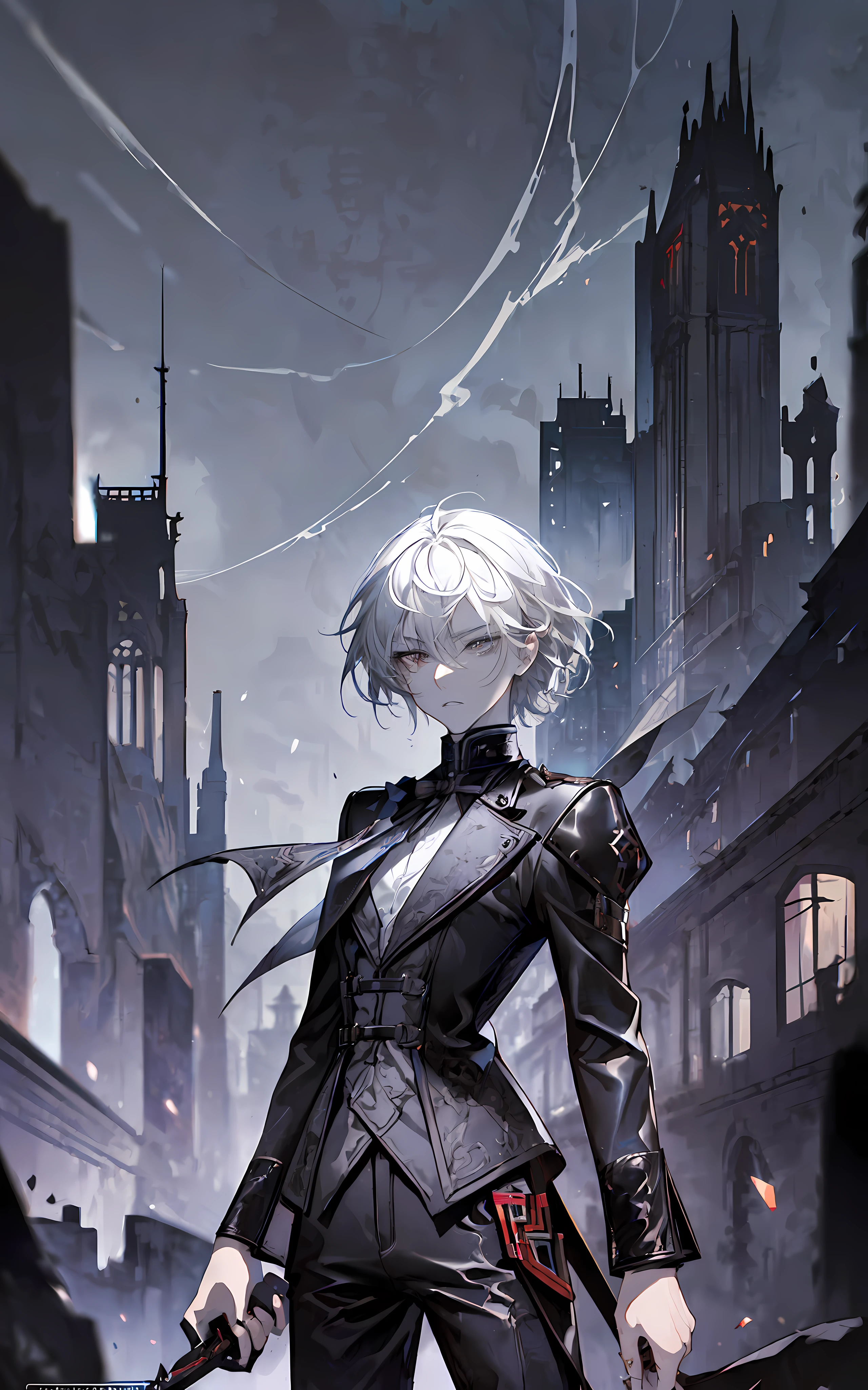 (/(castlevania/) style:1.3), (1person, futanari, androgynous:1.5),(thin, skinny:1.3),(pale skin, light grey skin color:1.3),(short hair, white hair:1.4),(grey eyes:1.3),((black outfit, black clothes), leather outfit, rouge outfit, pants, boots:1.5),(holding knives), night sky on background /( victorian city/), masterpiece, best quality, ultra-detailed, tessellation, depth of field, ultra realistic, poster, style of artstation, illustration, cinematic, atmospheric shot, seductive body proportions, high saturation image, high sharp character, many small details, detailed iris of eyes,(ruins background, detailed background, nighttime:1.2),(blood splashes, knives:1)