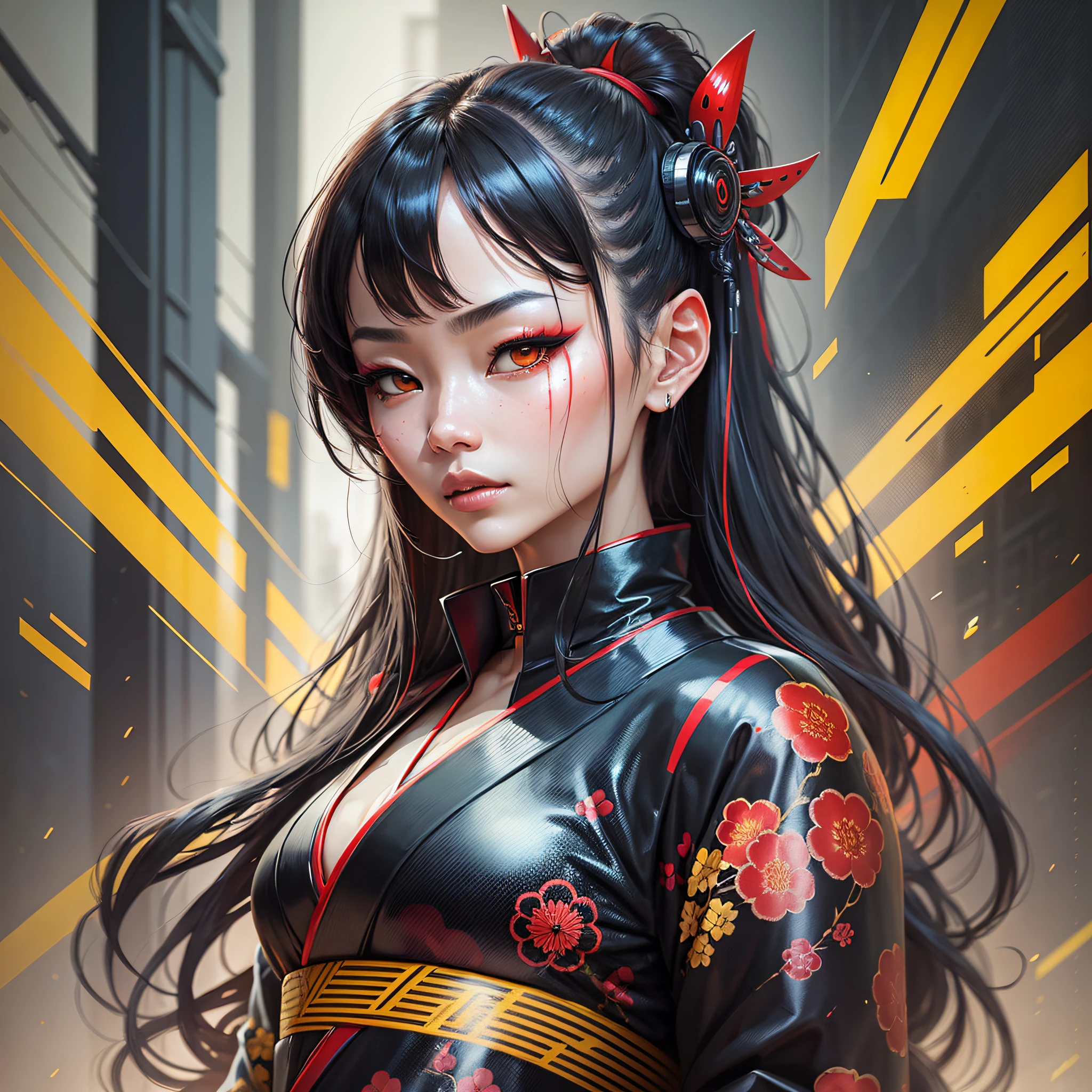A beautiful Oriental Cyborg woman wearing a black and red kimono with yellow accents --auto --s2