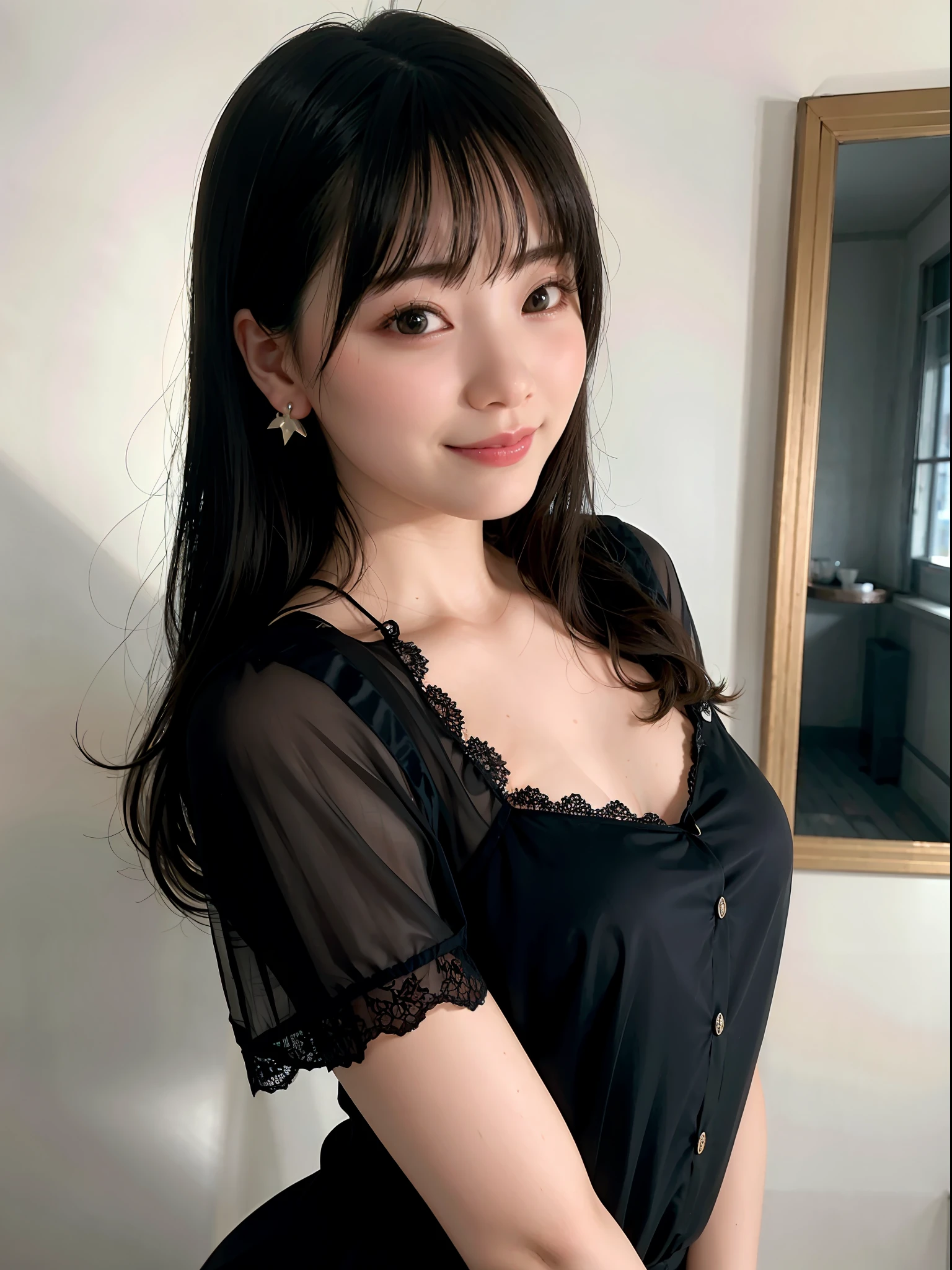 Woman posing in front of mirror wearing black short sleeve shirt, top quality, one girl, small breasts, sun, bright, blurred background, bokeh, indoor, (street: 1.2), gorgeous (long hair, forehead: 1.2) (trimmed with lace), earrings, (dynamic pose: 1.2), (upper body: 0.8), soft lighting, wind, shiny skin, smile,