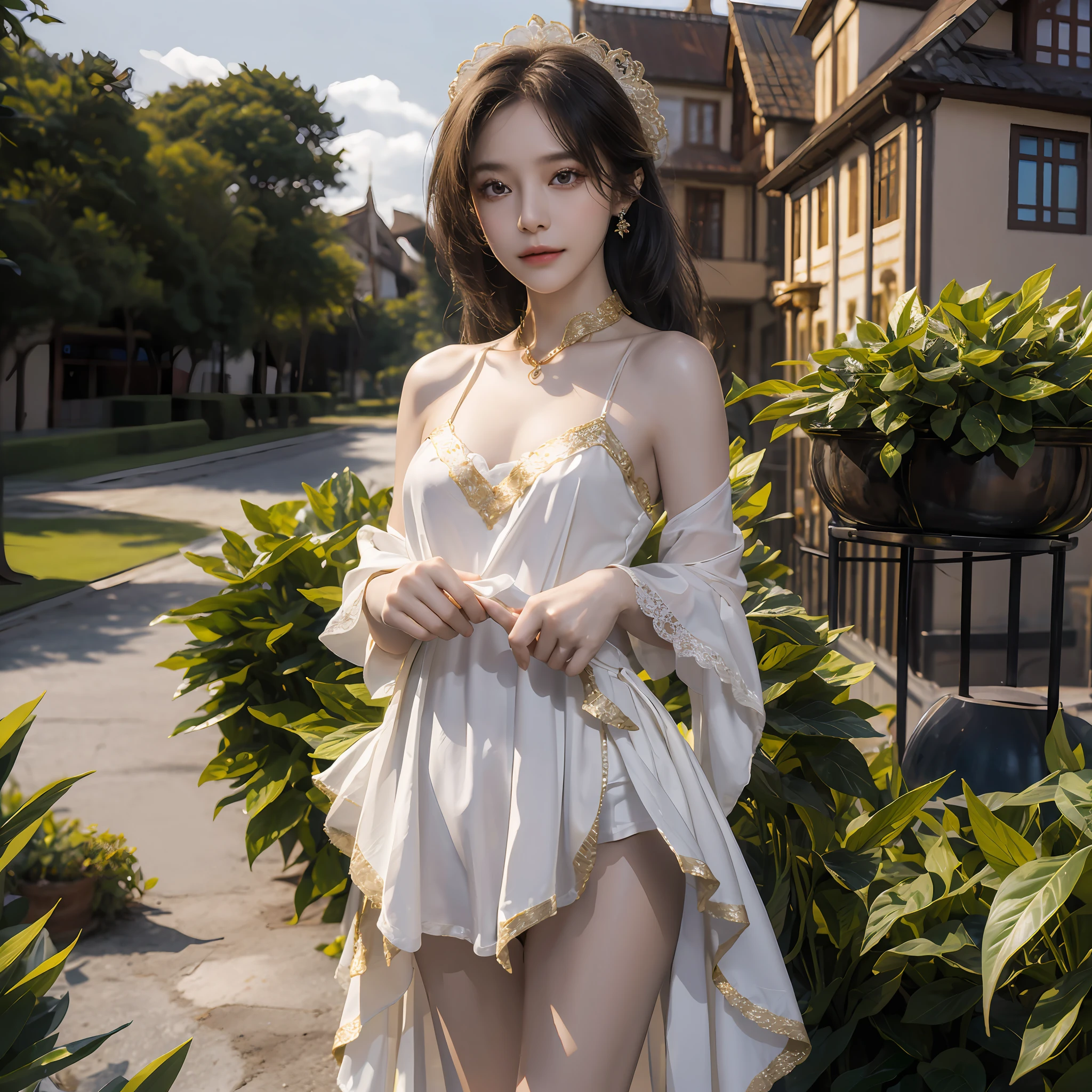 Realistic image of high quality 8k, 1 girl of 25 years human levitation, delicate and perfect Brazilian face, (s(eios very small)), short dress of gold and white lace, V-neckline, jewelry in emerald gold and diamonds, beautiful country house in the background.