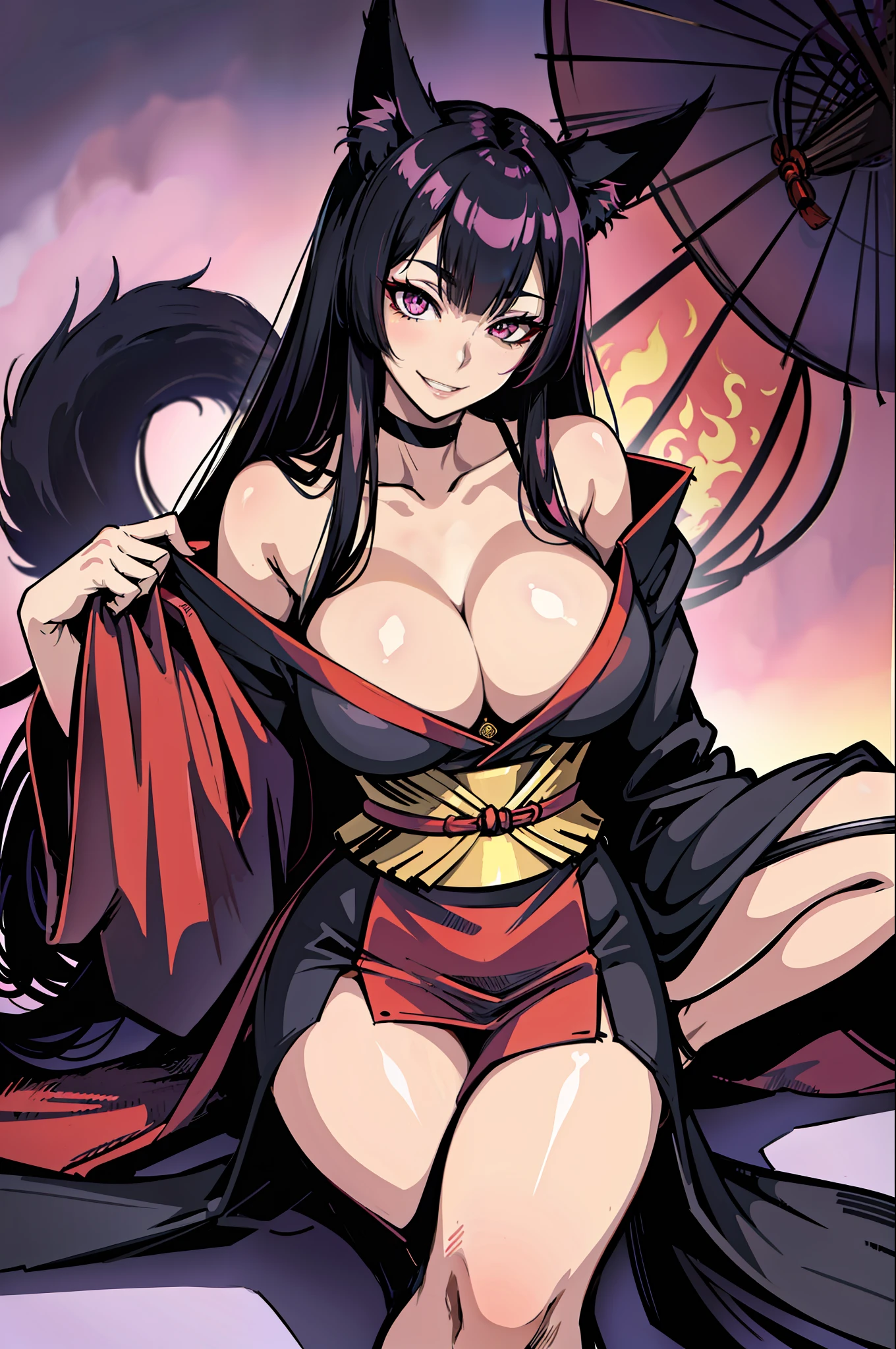a Woman with black hair, Fox ears, (Villain) (Pink Eyes) (Anime Villain) (Wearing a long red Kimono with a neckline on bust) (in a Japanese temple on fire) (Smiling mischievously) (Villain's Smile) (Fox Woman) (Kumiho) (Nine-Tailed Fox) (Ahri league of lengens) Full body commission for anime, hyper realistic texture, realistic photo, ultra detailed, no drawing edges, would be, realistic photo, dark scenery, natural lighting, realistic lighting, dark edges, detailed shadows, no drawing edges, ultra absurd photorealistic, mega realistic hair, mega realistic clothes,