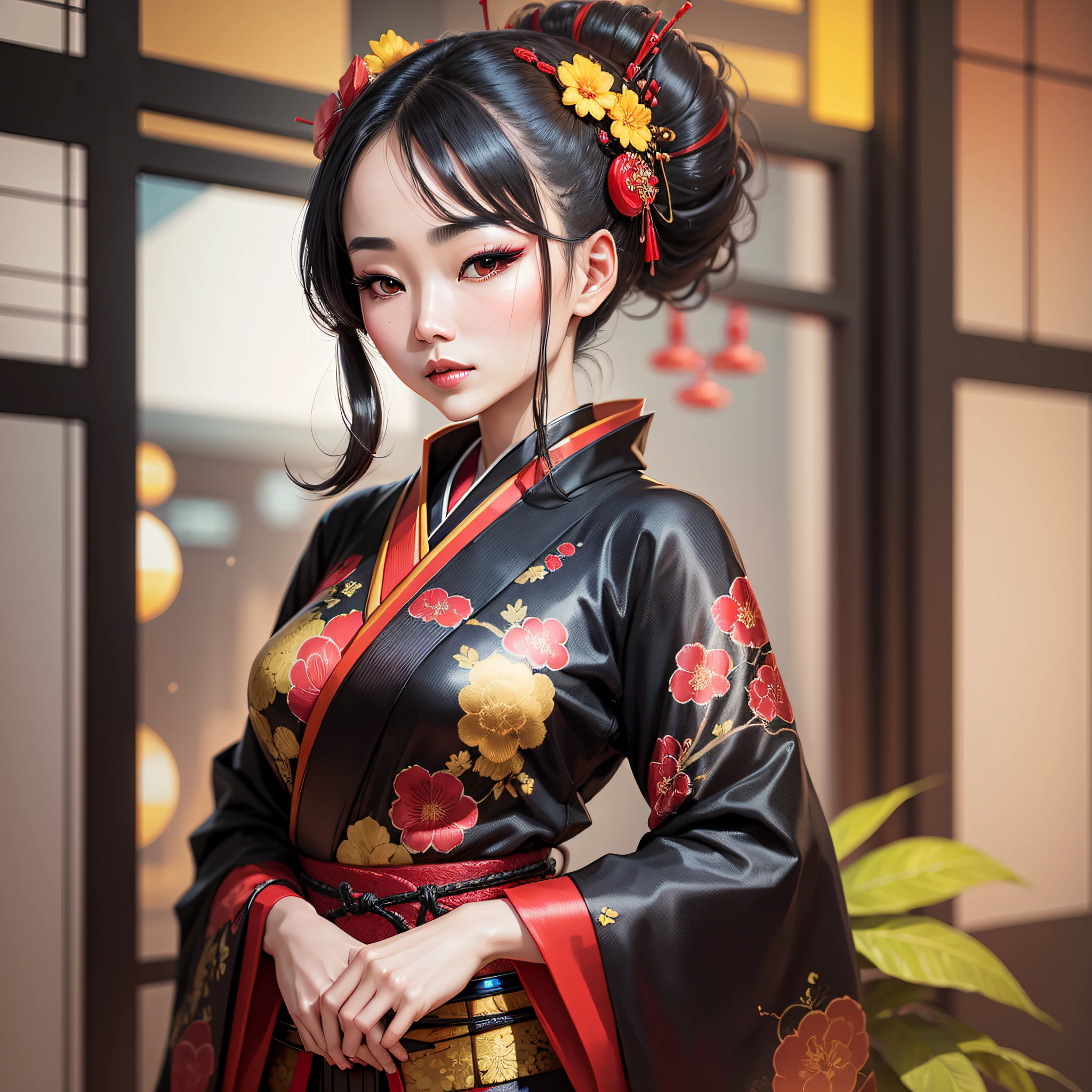 A beautiful oriental woman wearing a black and red kimono with yellow details and robotic details --auto --s2