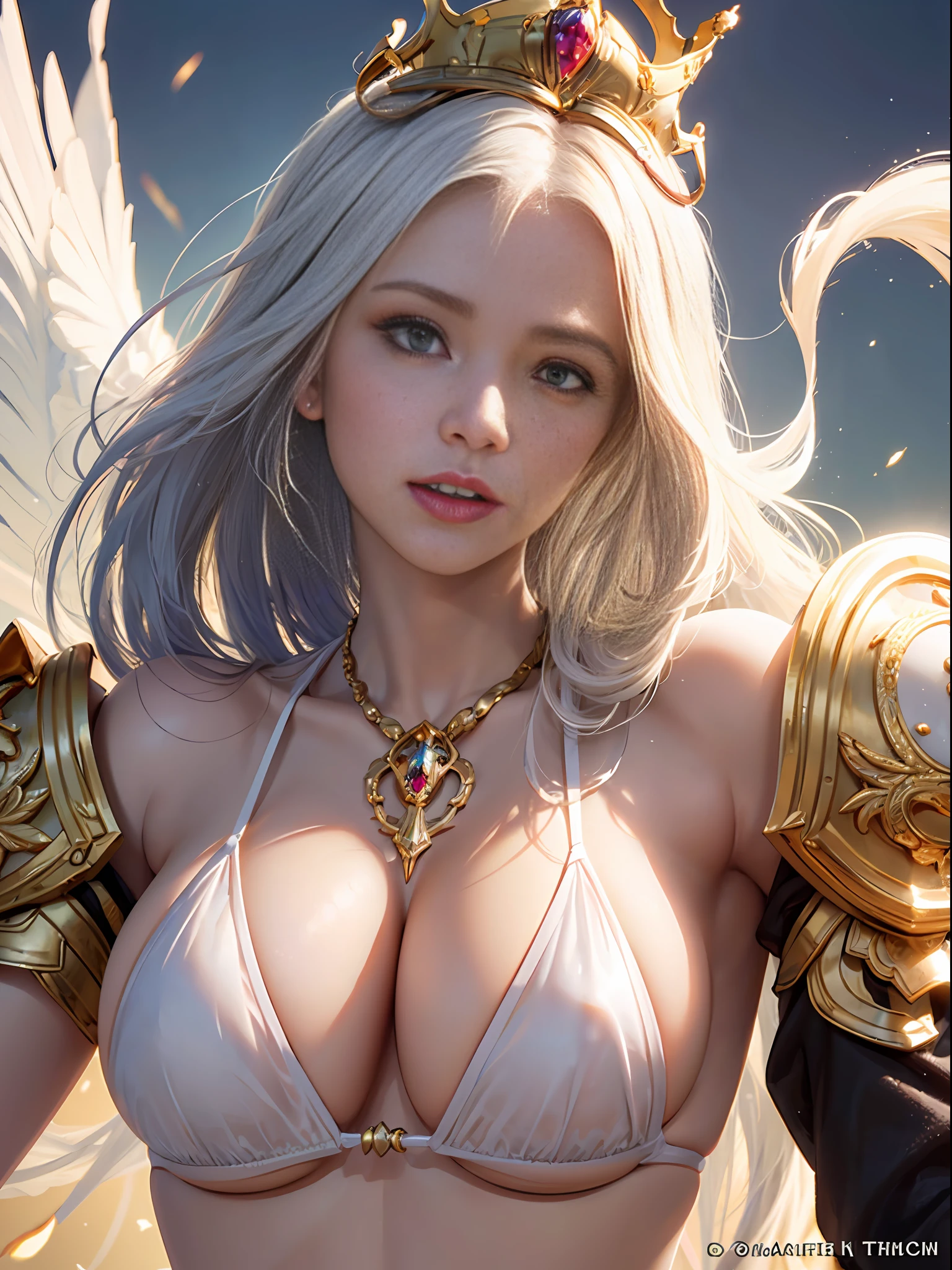 Official Art, Unity 8k wallpaper, ultra detail, masterpiece, best quality, one woman, (very detailed),(RAW photo, best quality),(realistic, photorealistic:1.3),high definition, opening your mouth lightly, ultra-detailed complex 3D rendering of face, (big breasts: 8.8), (highly detailed skin: 1.2), (exposure: 1.1), beautiful caucasian woman with big ass full soft breasts and white skinThe (topless), chest, white hair, yellow eyes, long hair, ( ( ( transparent silk red micro bikini)), dynamic angle, mystical expression, fire glow effect, fantasy background, rim lighting, side light, cinematic light, ultra high definition, 8k , film grain,best shadow, light particles, detailed skin texture, detailed face, golden eyebrows, ultra detail, watch viewer, gold armor, cleavage, slender abs, having a shining weapon, having a beautiful shield, pole dron, (detailed and beautiful huge crown)), glowing eyes, long pink cloak, fantasy, (realistic),