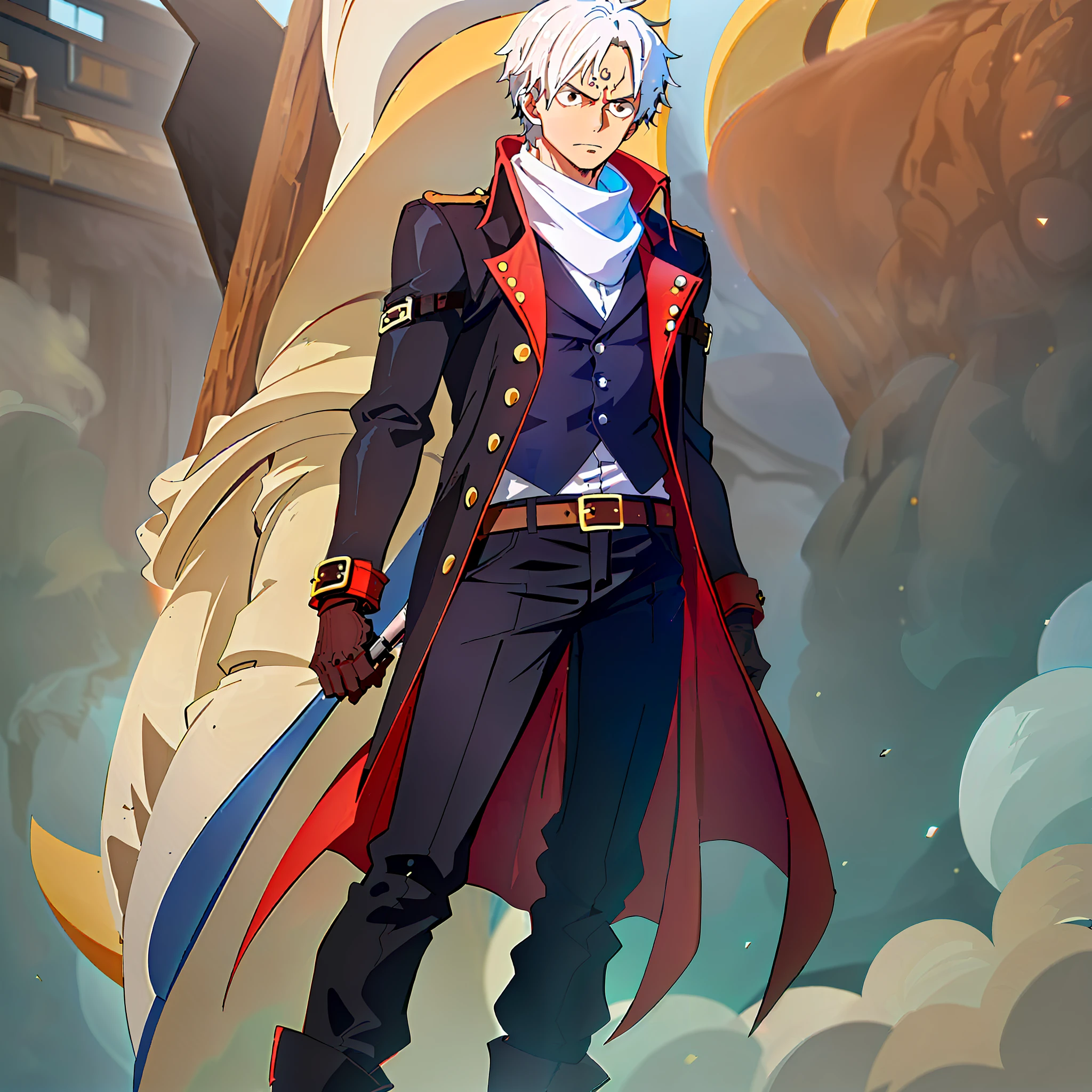 Strong young man with white hair, burn around his left eye, wearing a long black jacket with a buckle on the left sleeve, dark blue shirt and vest, puckered white scarf and a simple belt holding baggy pants of lighter blue tone, wearing black boots. Sabo also wears a pair of brown gloves and the same top hat with goggles around it.