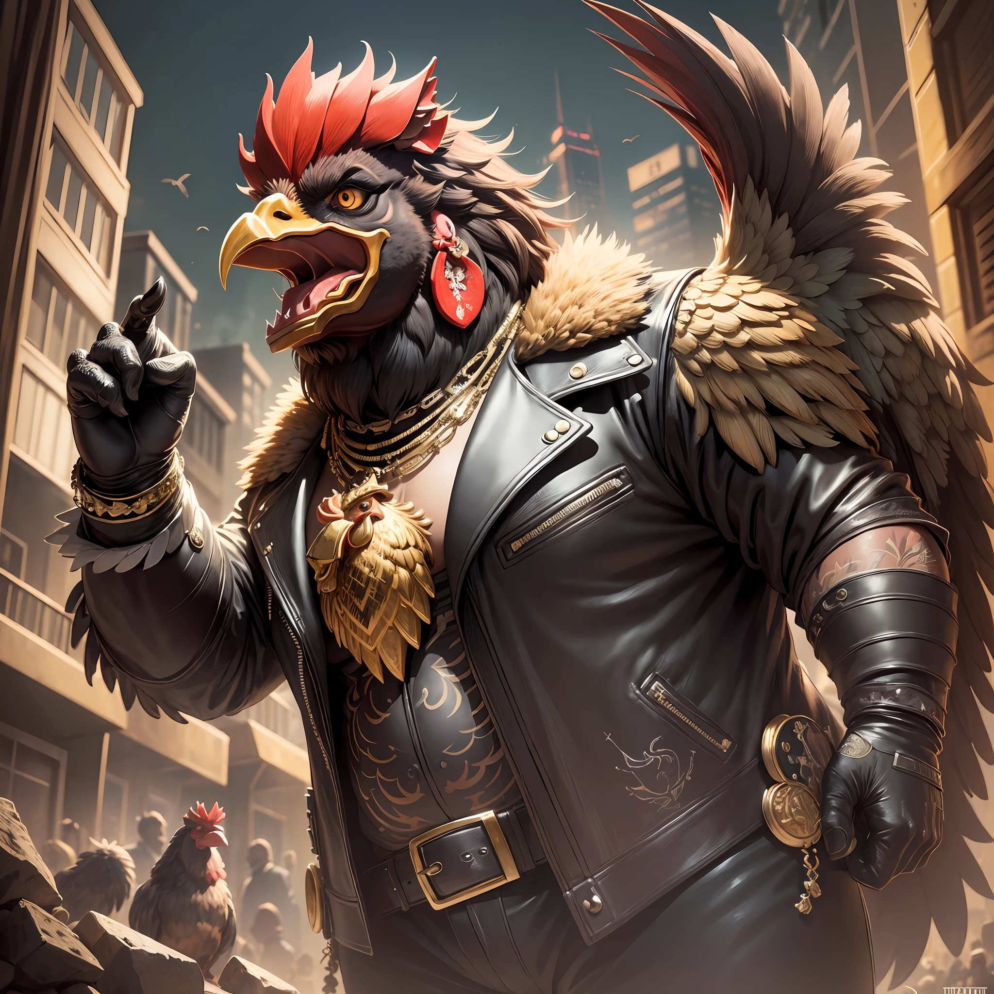 ((best quality)), ((ultradetailed)), ((masterpiece)), illustration, theme: animal mafia, animal: rooster, build: fat wearing: gold necklace and leather jacket, expression: fierce, screaming viewpoint: looking front, background: dark and gritty atmosphere, resolution: 4K