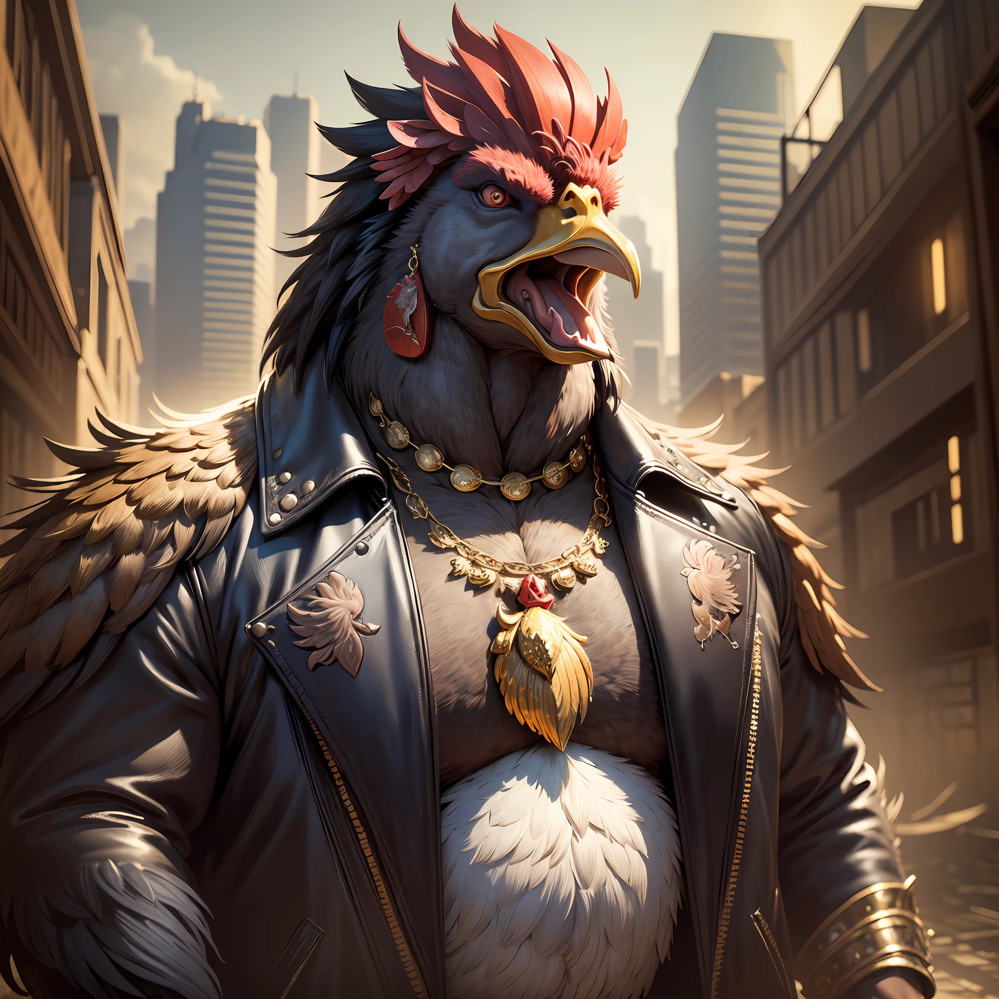 ((best quality)), ((ultradetailed)), ((masterpiece)), illustration, theme: animal mafia, animal: rooster, build: fat wearing: gold necklace and leather jacket, expression: fierce, screaming viewpoint: looking front, background: dark and gritty atmosphere, resolution: 4K