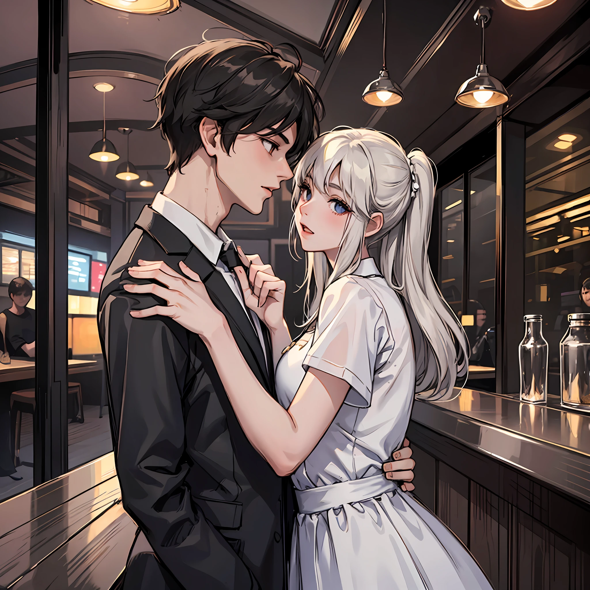 At a bar, a girl in a white dress forcibly kisses a boy in black short sleeves