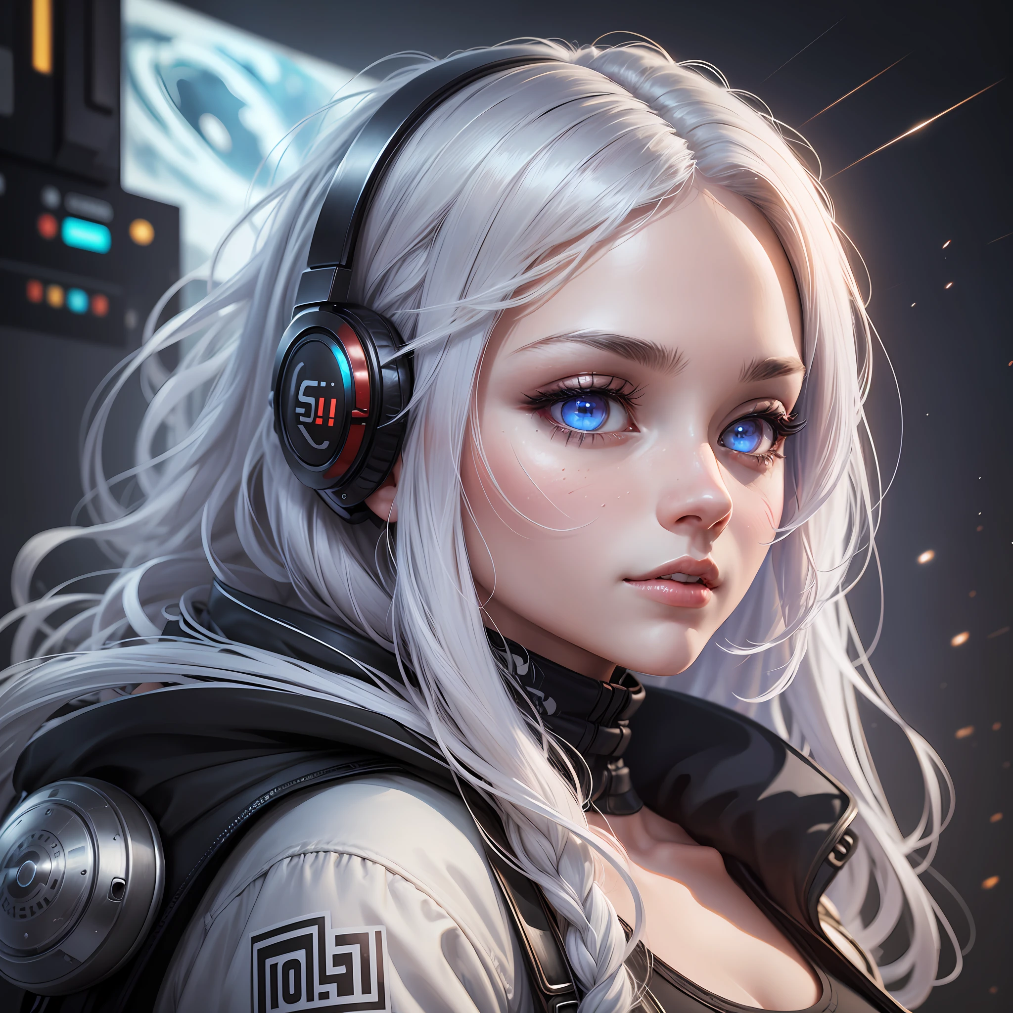 (on the moon, in space, looking back at earth), white hair, black tank top, volumetric lighting, white jacket, glowing headphones, cyberpunk, futuristic, multicolored eyes, detailed eyes, hyper detailed, slight smile, highly detailed, beautiful, small details, ultra detailed, best quality, intricate, hyperrealism, sharp, digital illustration, detailed, realism, intricate, 4k, 8k, trends in art station, good anatomy, beautiful lighting, award winning, photorealistic, realistic shadows , realistic lighting, beautiful lighting, raytracing, intricate details, moody, rule of thirds, masterpiece, (illustration: 1.1), high resolution, (extremely detailed CG, unity, 8k wallpaper: 1.1), pretty face , highly detailed face, ultra realistic, masterpiece, bokeh, extremely detailed, intricate, zoomout, colorful, vibrant colors, red nail polish, side view, --auto --s2