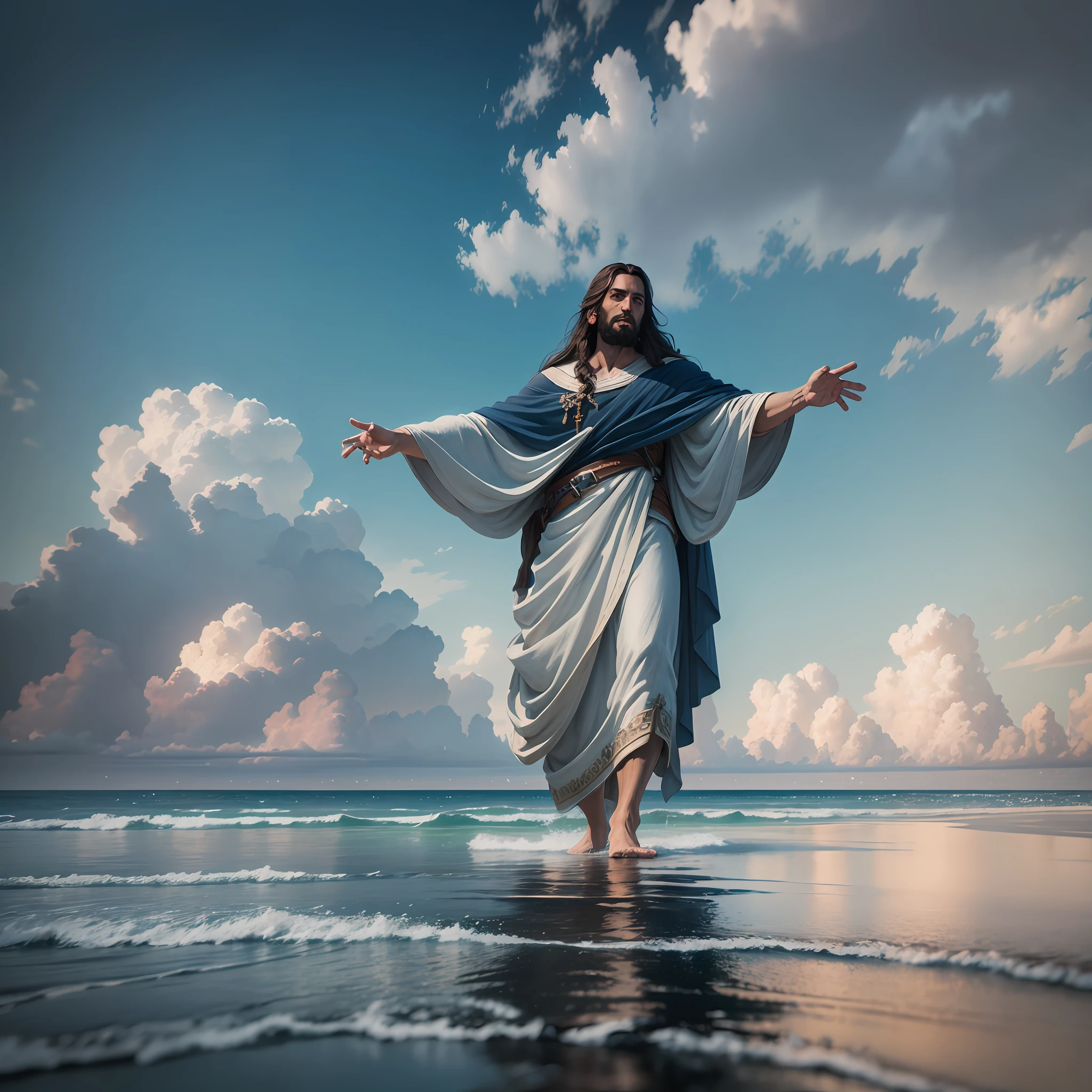 /upscale jesus With high details, walking on the sea, hyper realistic, 8k, air 2:3, natural background, digital painting, deep dream, ultra wide angle, depth of field, hyperdetailed, insane details, intricate details, beautiful graduated colors, Unreal Engine, cinematic, photo shoot, shot on 80 mm --auto --s2