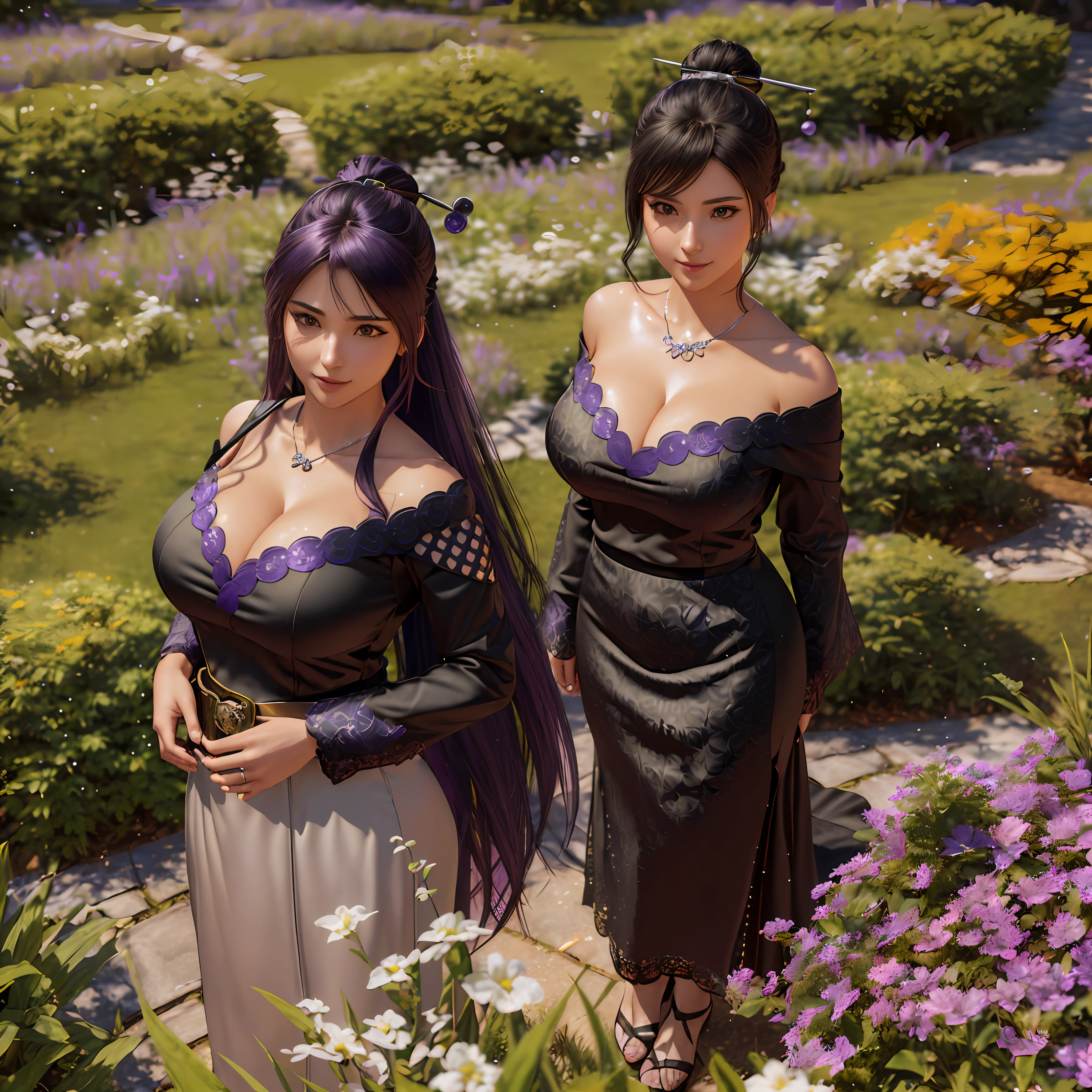(Masterpiece, best quality, high quality: 1.3), (professional art: 1.1), 3D, intricate details, field of view, intricate, 3D masterpiece, blender, photorealistic lighting, pixiv trend, photorealistic 3d art, vivid lighting, vibrant colors
LuluFFX, mature female, milf, (eyebrows behind hair, hair over one eye, eye covered, hidden eye:1.1), (fantasy forest background:1.3),
full-body shot, standing, hands on waist,
(thick hair, black hair, hair stick: 1.1), hair bun, ultra detail texture, ultra detail hair, ultra detail face, (perfect eyes), (perfect face),
(Brown Iris:1:1), looking at the viewer, smiling,
(black dress), ((white dress)), (black details), (purple details), ninja dress, (((ninja outfit)), ninja, hopefully falling, ((bare shoulders)),
Big breasts, cleavage, big ass, hinata hyuuga, hanabi hyuuga, hinata, hanabi