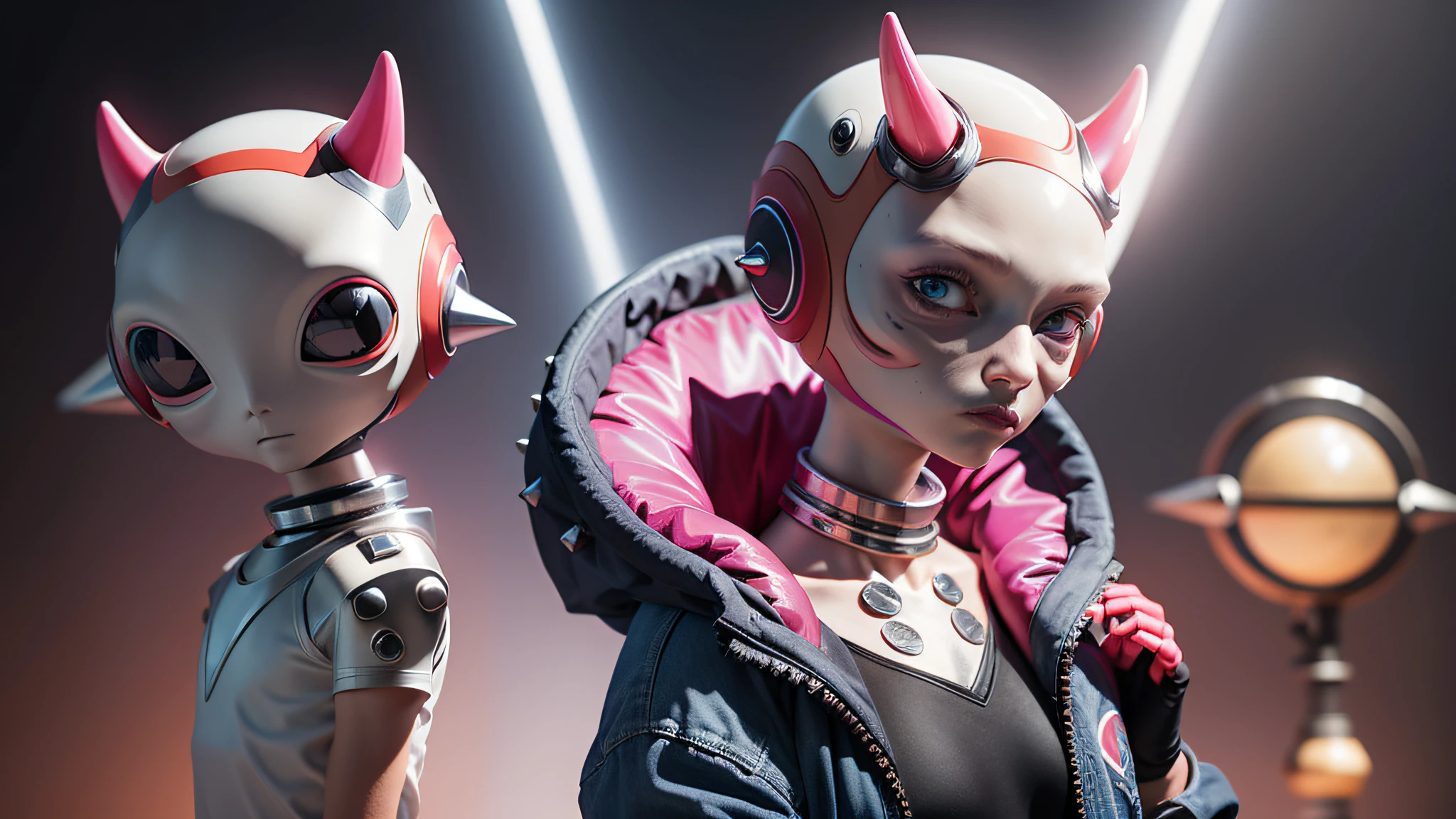 An alien, with albino and realistic skin, large head, short and thin neck, very large eyes and all black, which reflects the local lighting, a nose similar to that of humans but small, a mouth similar to that of humans but small, the body is thin and thin, the alien wears a white sleeve shirt with a letter made of small silver that appears to the right represented within a triangle of the same size, the clothing is inspired by the clothes used for surfing, the color to be used is red, pink chock and blue, as well as details of the environment, and manufactured with neoprene fabric, it is possible to notice a silver necklace hanging from his neck, with a pinjente in the triangular shape with an eye that sees everything in the center as a symbol. the alien is in a recording studio whose scenery is minimalist and features a gray background in gradient hue to circular white, the camera captures the image from the waist up, the alien presents friendly and light expressions, the alien interact with the camera always with a slight smile of satisfaction and tranquility, The skin used and all the elements are of extreme realism, especially the skins, the lighting is an illumination inspired by the 80s.