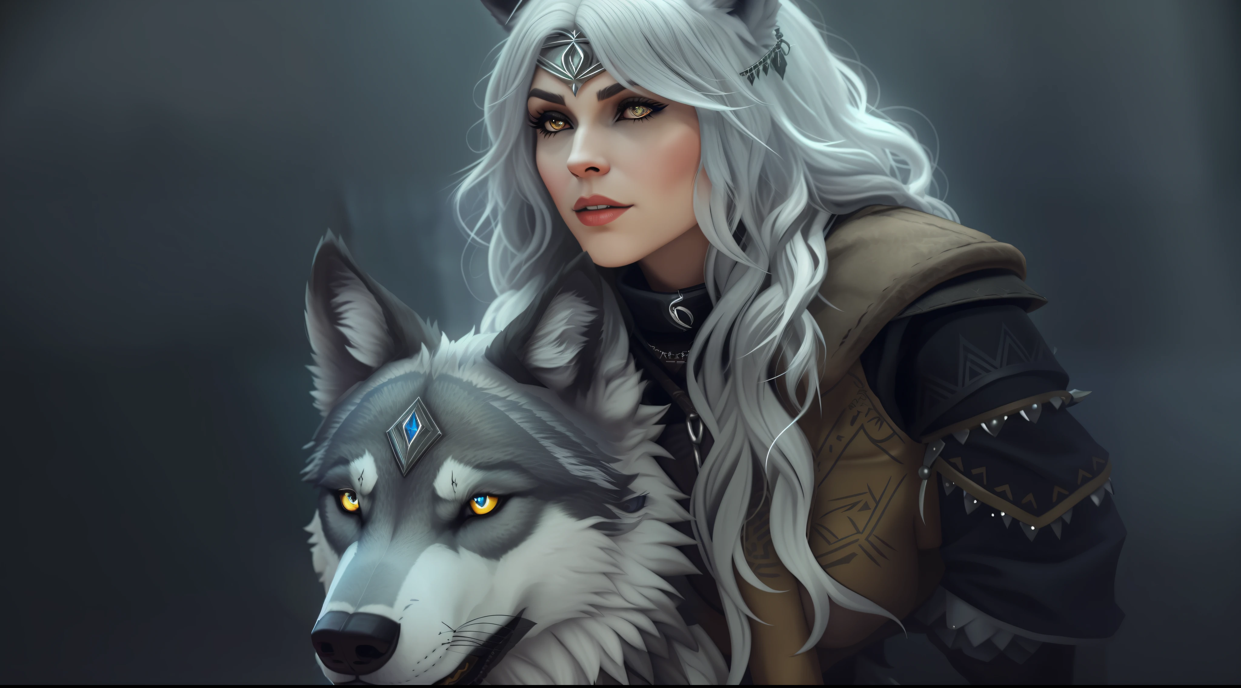 arafed woman with wolf in the dark, wolfgirl, female anthropomorphic wolf, angiewolf, gothic maiden shaman, 8k)), wolf like a human, wolves and their treasures, great wolf, anthro wolf face, wolf, wolf companion, wolp, wolves, a very beautiful berserker woman, witcher))