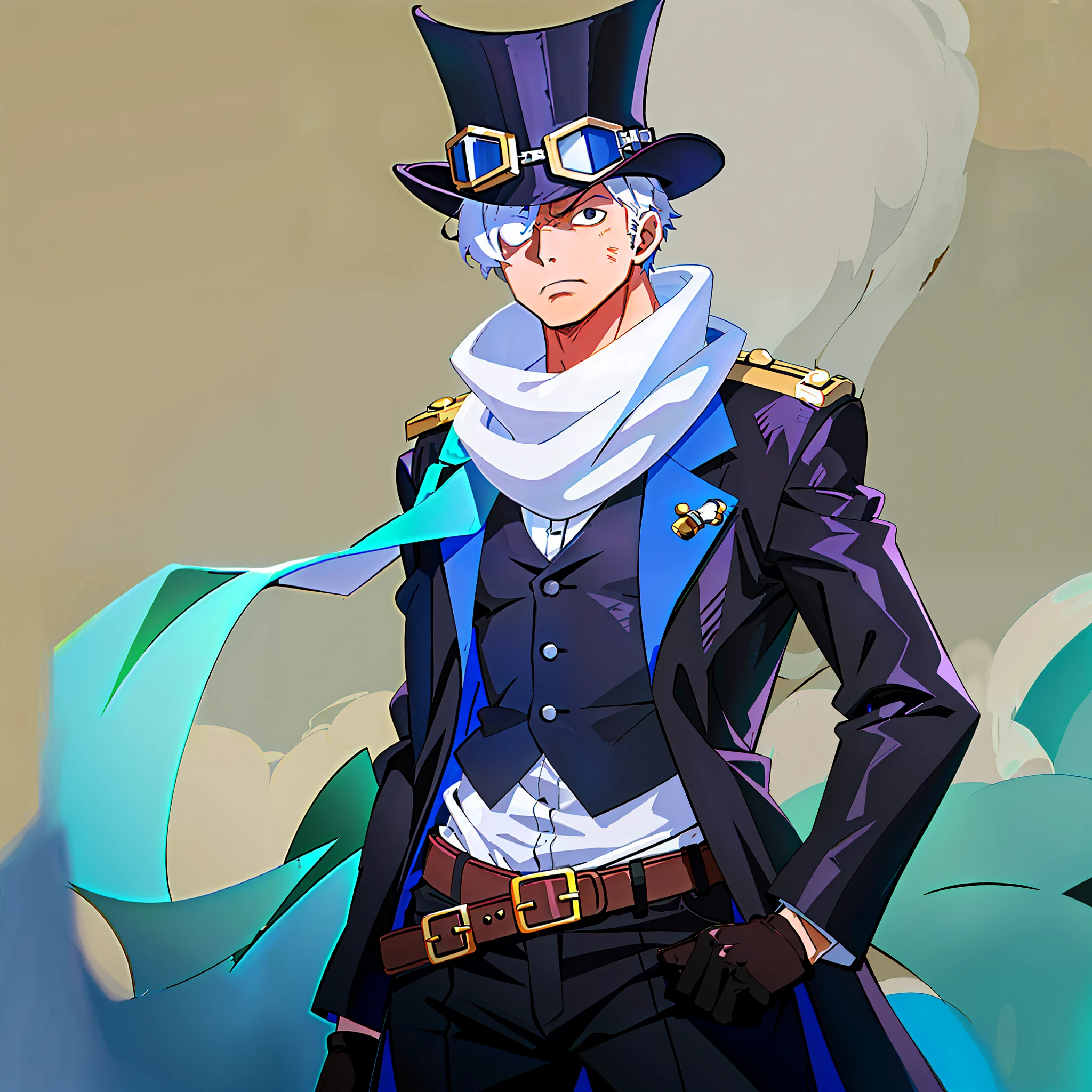 Strong young man with white hair, burn around his left eye, wearing a long black jacket with a buckle on the left sleeve, dark blue shirt and vest, puckered white scarf and a simple belt holding baggy pants of lighter blue tone, wearing black boots. He also wears a pair of brown gloves and a top hat with goggles around it.