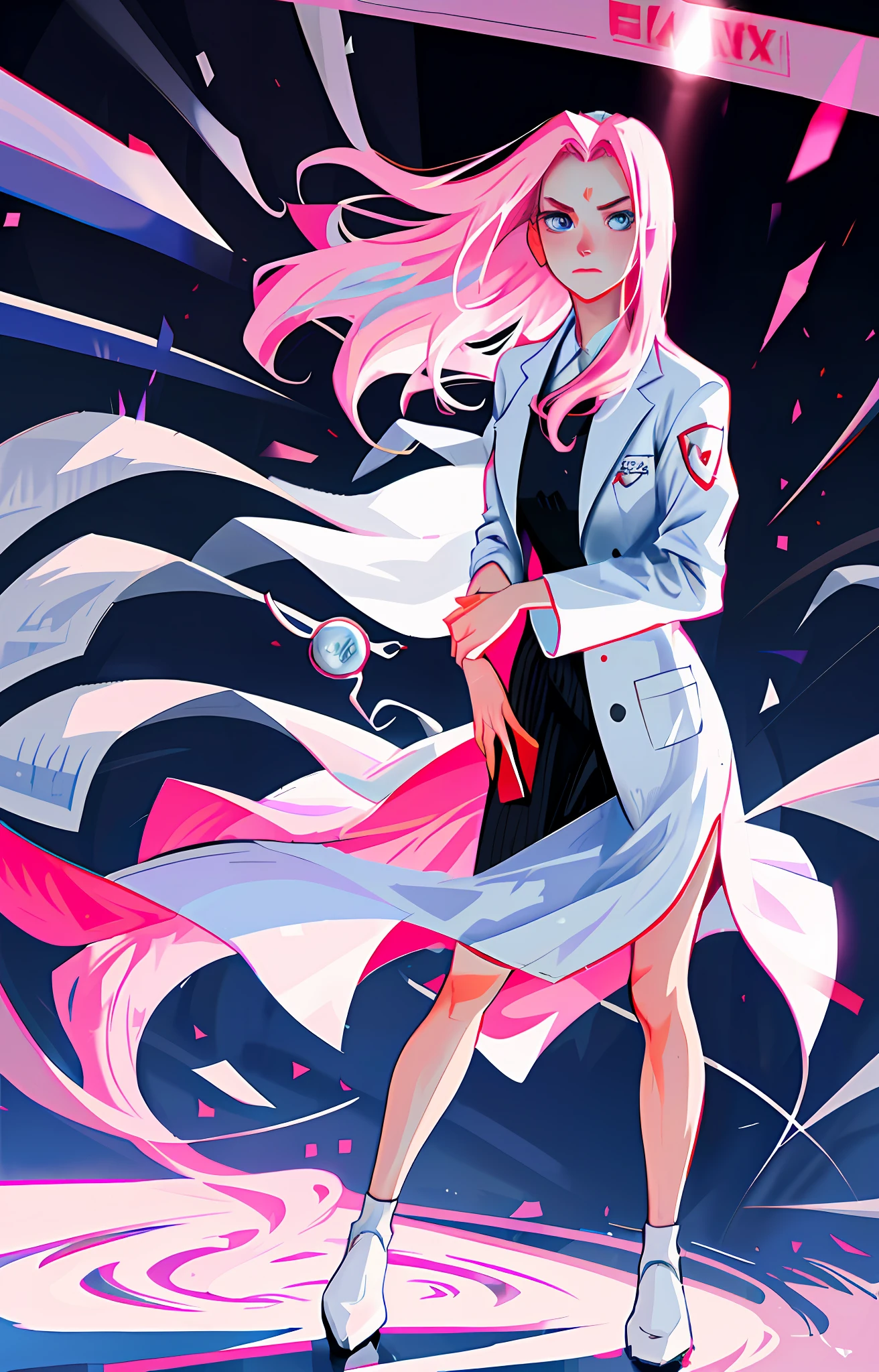 SakuraNS, ((solo)), alone, ((forehead the show)), elegant, wearing a white lab coat, pink hair, delicate, young, long hair, detailed face, high definition, ((full body)), full body, ((serious)), in a hospital, working absentmindedly, doctor, she is a successful beautiful woman, face with high quality,medical, high definition, sharp, sharp features, no bandana, no adornments, illustration, digital drawing