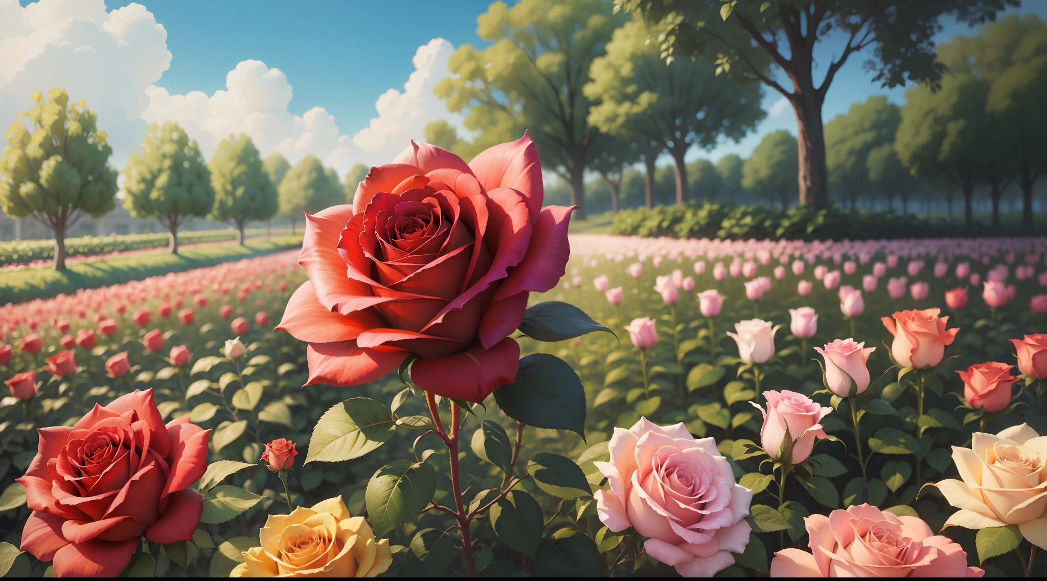A rose blooming in a garden, vivid colors
