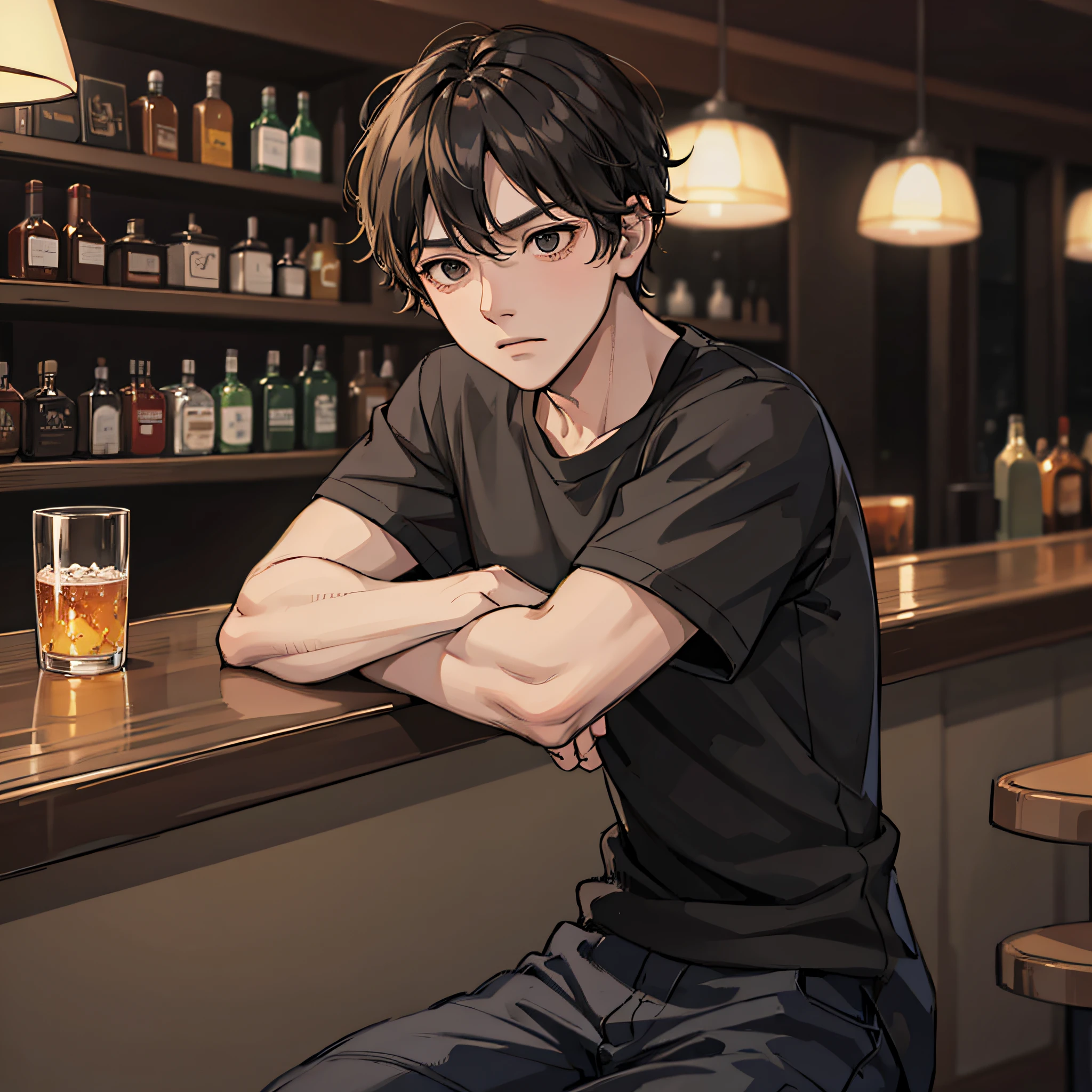 A boy in black short sleeves, at a bar, tired