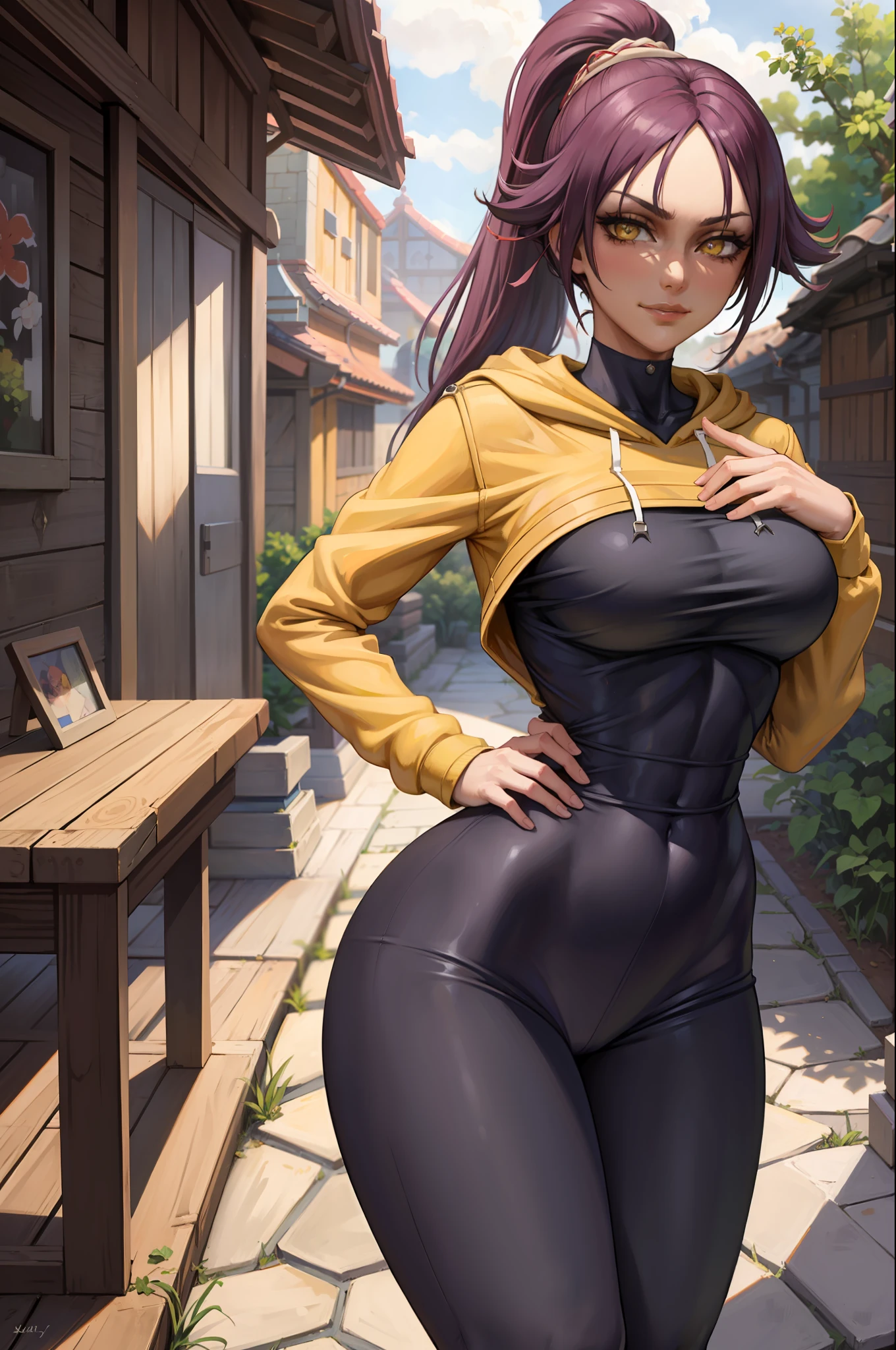 (masterpiece, best quality:1.2), solo, 1girl, shihouin yoruichi, smirk, looking at the viewer, hands on hips, ponytail, long sleeves, black pants, masterpiece, realistic eyes, best quality, closed mouth, beautiful lighting, cinematic, 8k, facial, wet face, liner, wooden walls, medium tits, gray hoodie, leggings, wide hips, yellow eyes,