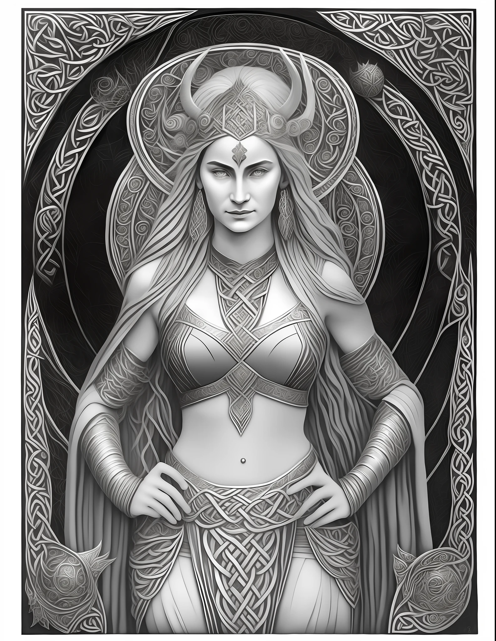 a black and white drawing of a woman with a horned head, goddess. extremely high detail, norse goddess, extremely detailed goddess shot, detailed matte fantasy portrait, celtic fantasy art, lithoraph engraving, goddess art, 3 d goddess portrait, goddess portrait, portrait of a norse moon goddess, detailed fantasy art, elfic priestess, fantasy woman