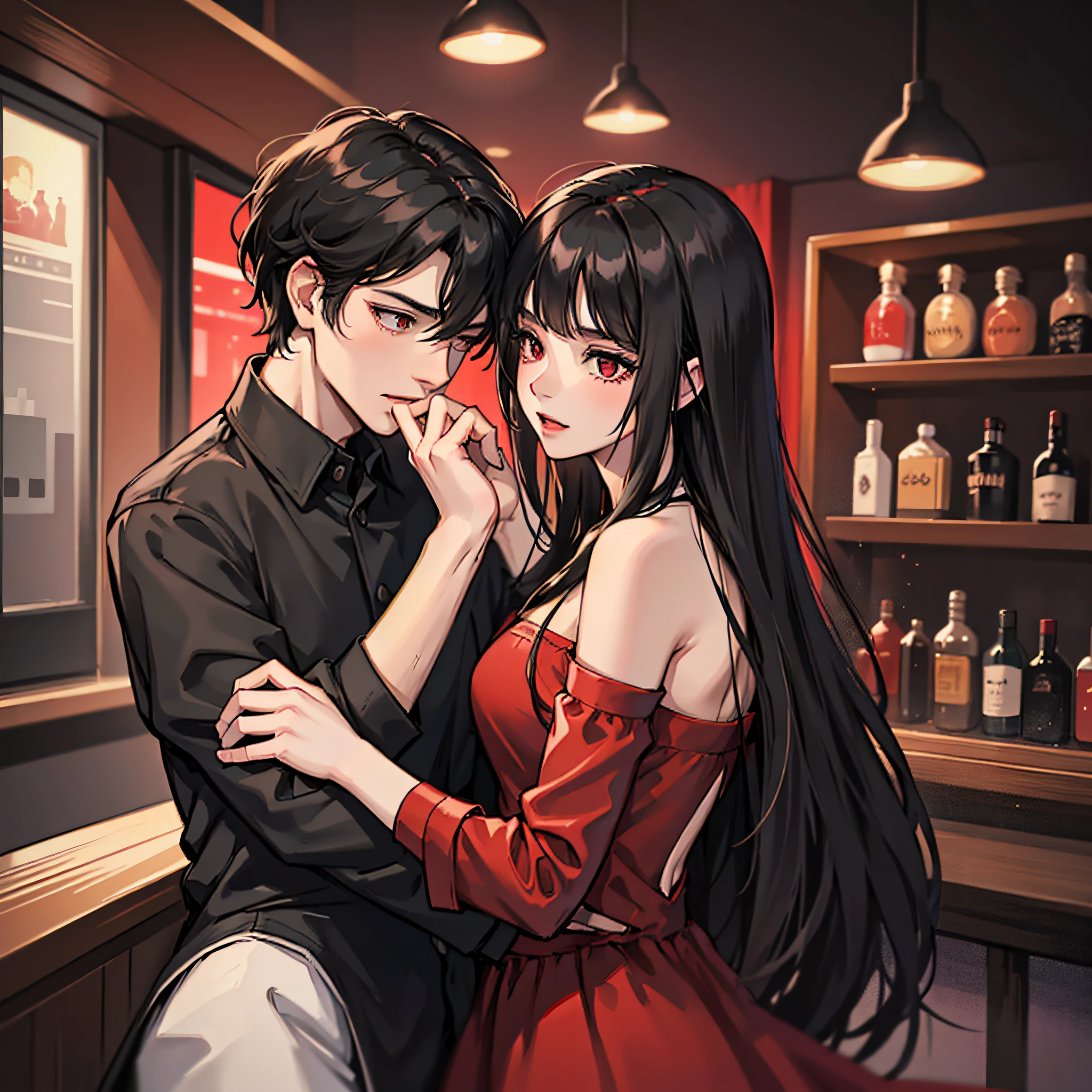 A woman in a red dress (long black hair, pretty,) at a bar, kissing a man in short black sleeves (short hairstyle on the side, high cold).