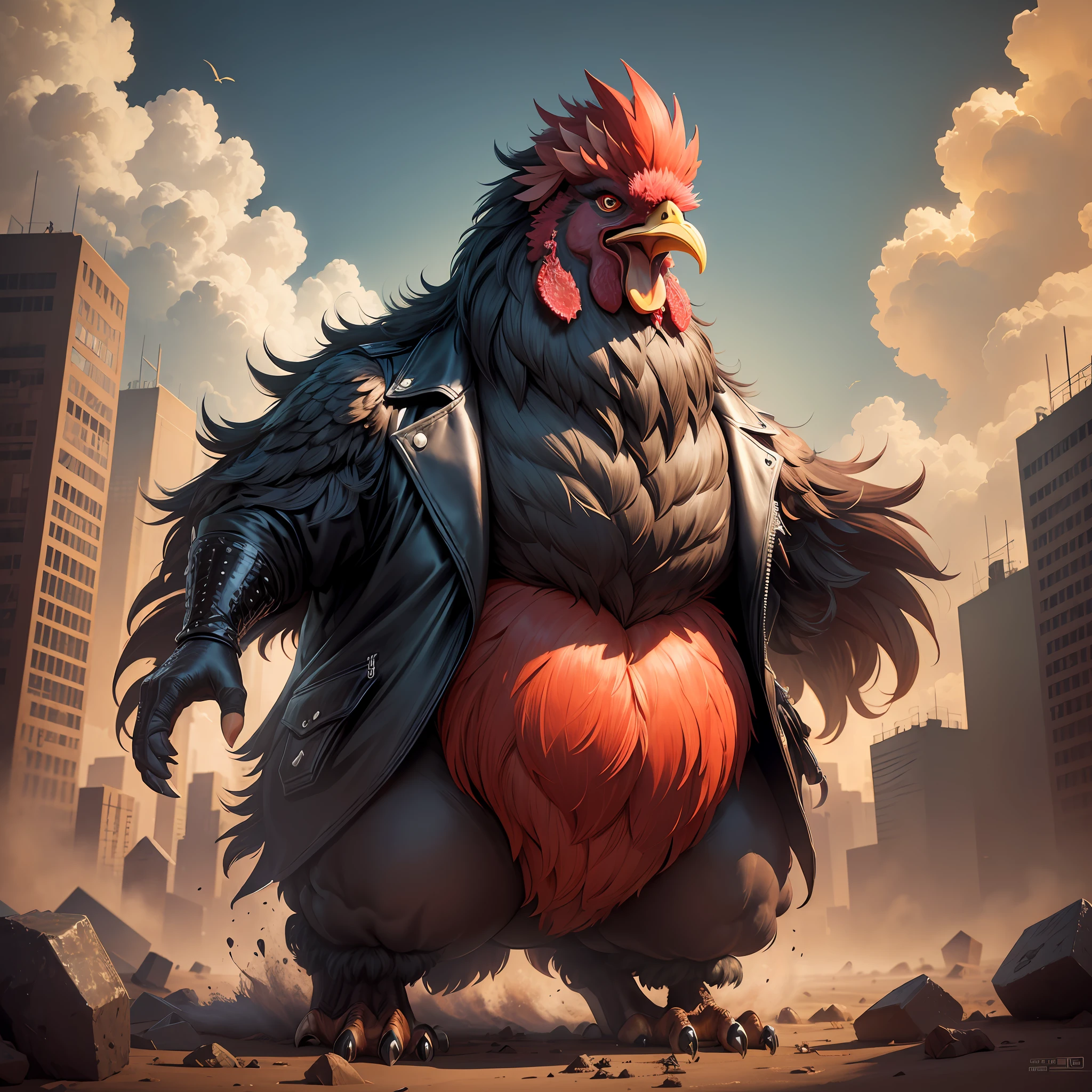 ((best quality)), ((ultradetailed)), ((masterpiece)), illustration, theme: animal mafia, animal: angry rooster, build: very fat wearing: leather jacket, expression: fierce, screaming, period view: looking forward 3/4, background: dark and sandy atmosphere, resolution: 8K
