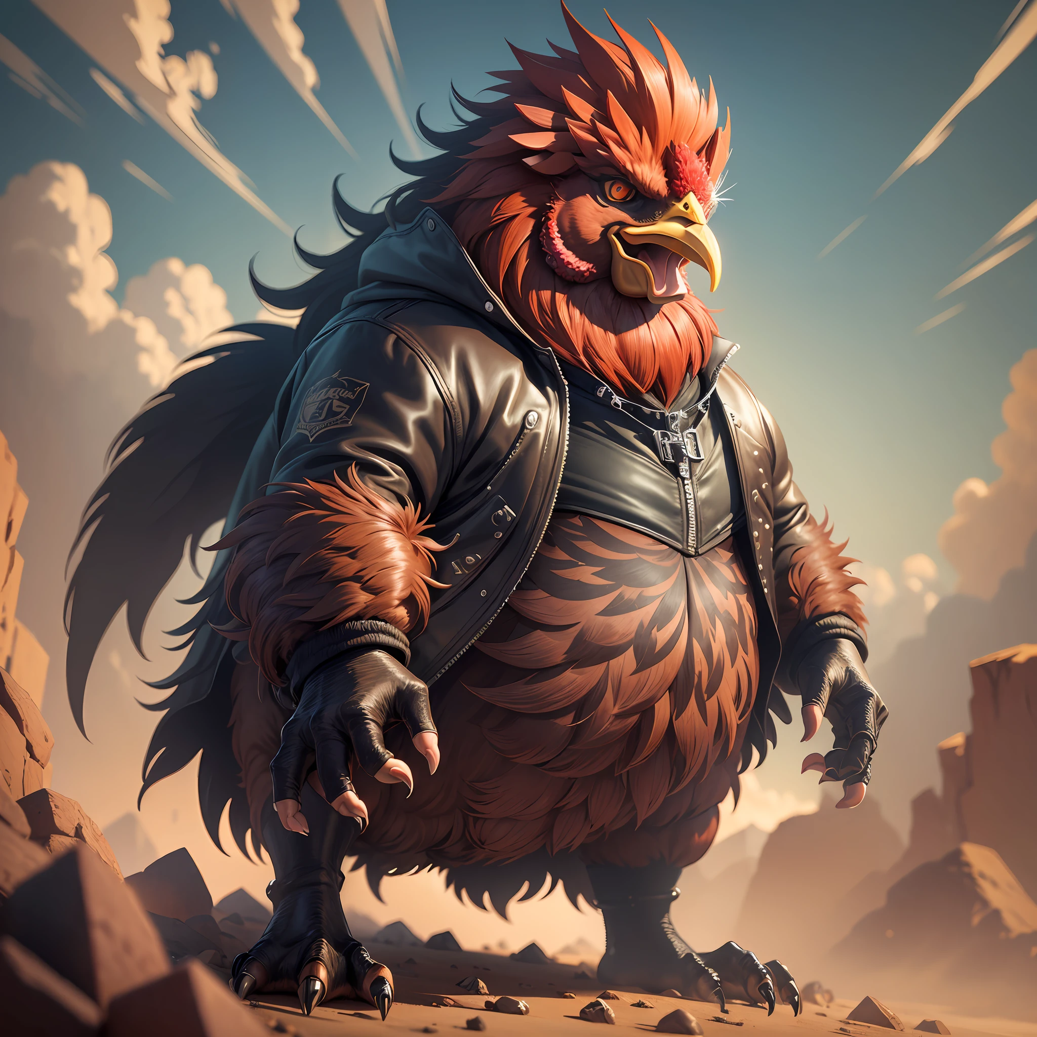 ((best quality)), ((ultradetailed)), ((masterpiece)), illustration, theme: animal mafia, animal: angry rooster, build: small very fat jumping wearing: leather jacket, expression: fierce, screaming, period view: looking forward 3/4, background: dark and sandy atmosphere, resolution: 8K