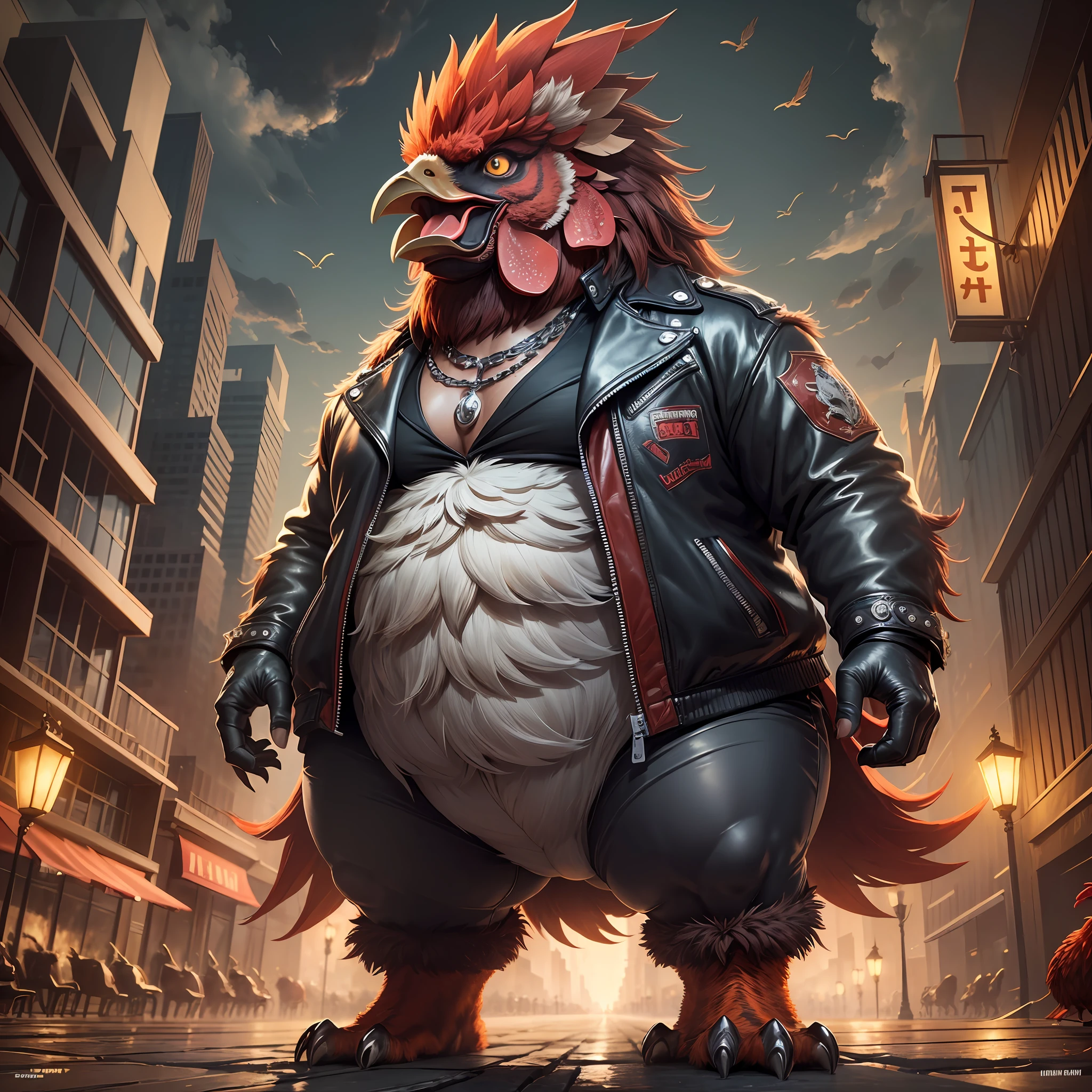 ((best quality)), ((ultradetailed)), ((masterpiece)), illustration, theme: animal mafia, animal: full body angry rooster, build: small and very fat wearing: leather jacket, expression: fierce, screaming, period view: looking forward 3/4, background: dark and sandy atmosphere, resolution: 8K