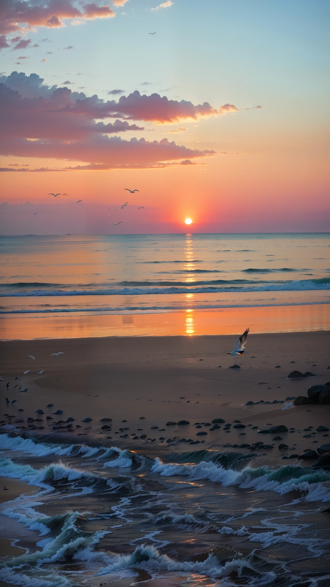 An absolutely mesmerizing sunset over the beach, with a blend of oranges, pinks, and yellows filling the sky. Crystal-clear waters of the sea gently kissing the shore, with sandy white beach stretching far and wide. The scene is dynamic and breathtaking, with seagulls soaring high in the sky and gently swaying palm trees. Take in the calming atmosphere and let the peacefulness wash over you.