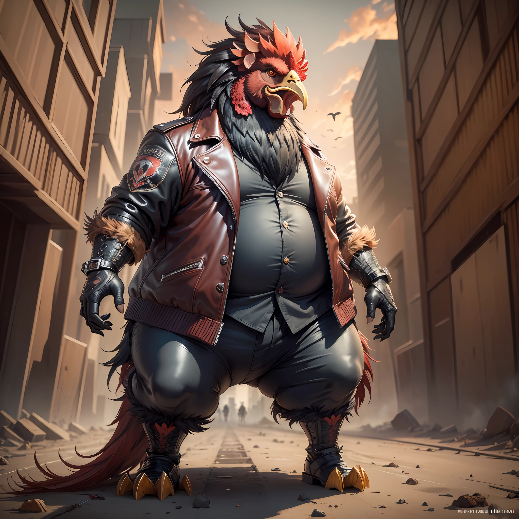 ((best quality)), ((ultradetailed)), ((masterpiece)), illustration, theme: animal mafia, animal: full body angry rooster, build: small and very fat wearing: leather jacket, expression: fierce, screaming, period view: looking forward 3/4, background: dark and sandy atmosphere, resolution: 8K