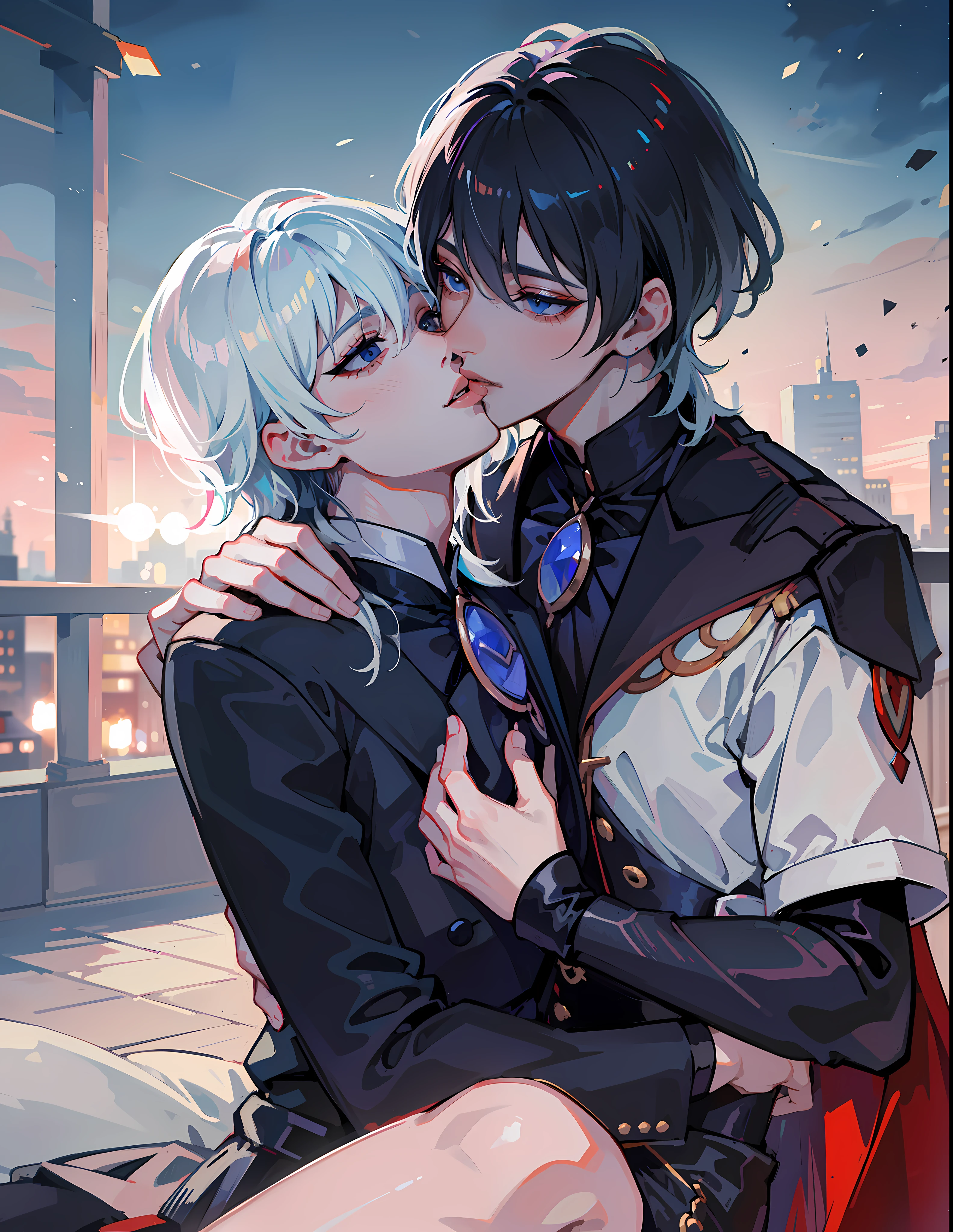 Two nena kissing, men kiss men, black clothes, Wearing black outfit, besándose lindamente, Yaoi, besándose, enfrentándose, besándose juntos, in love, Taejune, besándose boca a boca, chico rubio y chico pelirrojo, (((masterpiece))), artstation style, anime, boyslove, two boys, two mans, boys love, homosexual, 4k,8k,16k,uhd, shorts hair, city landscape, city lights in the background