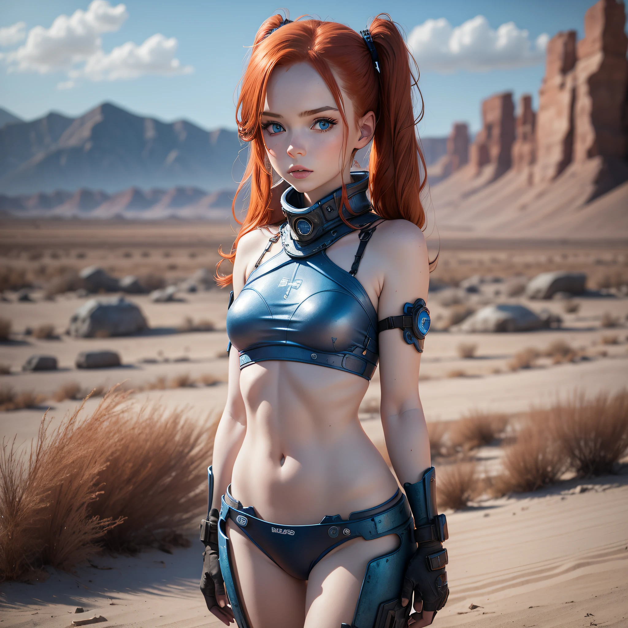cute redhead woman in twin tails, sky-blue eyes, Russian, petite, pale skin, wearing a blue metallic color bikini, post apocalyptic background, bleak barren desert, photo realistic woman. --auto --s2