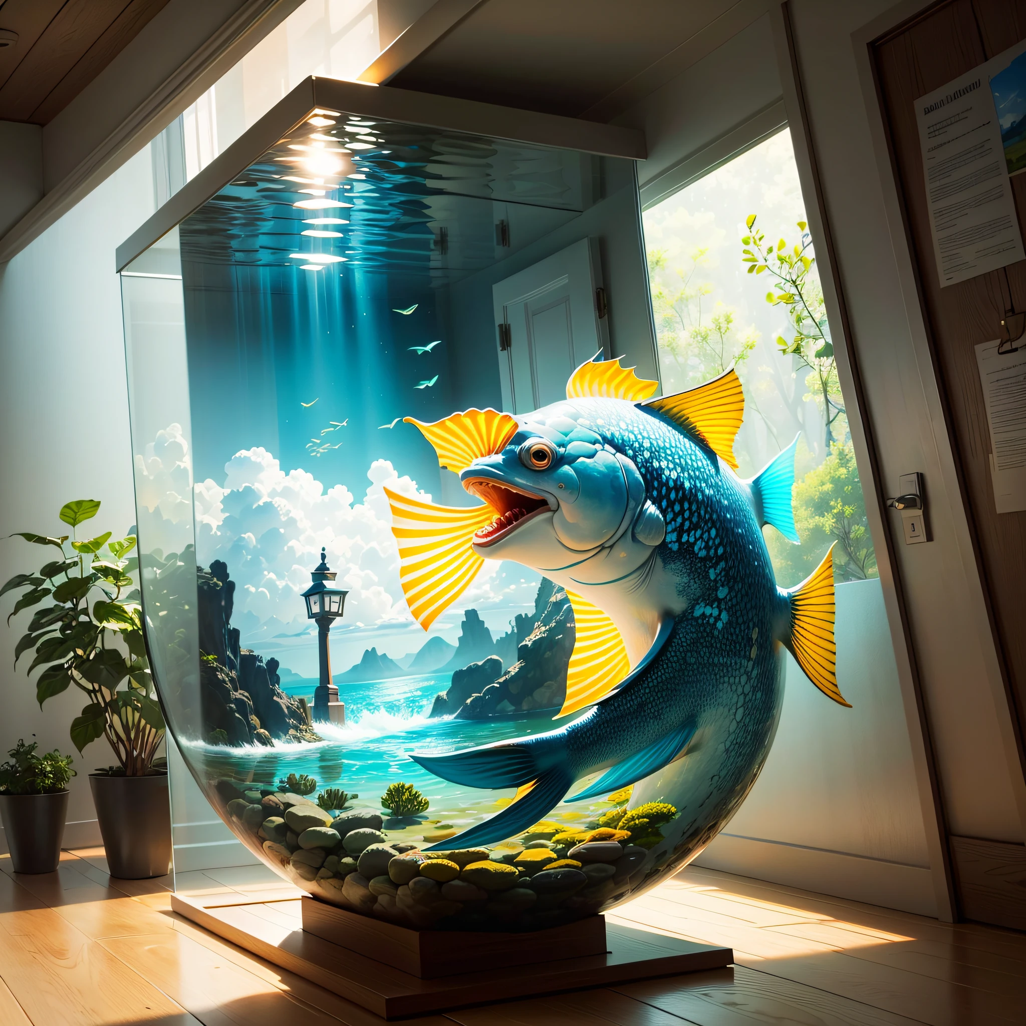 Create a scene where Jonah repents inside a fish and prays to God as sunlight begins to shine through the water, indicating that he is about to be released. Use warm colors and a realistic style to show the excitement of Jonah and the beauty of the surrounding nature.
