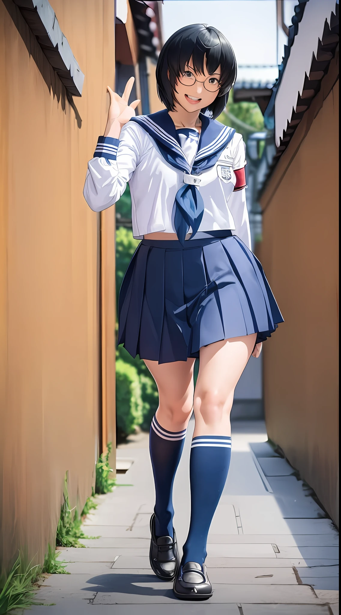 Suzuka, girl, short black hair, face, glasses, atarashii gakko leaders, sailor school uniform, white/blue shirt, and blue skirt, legs, white/blue socks, shoes, sexy gaze