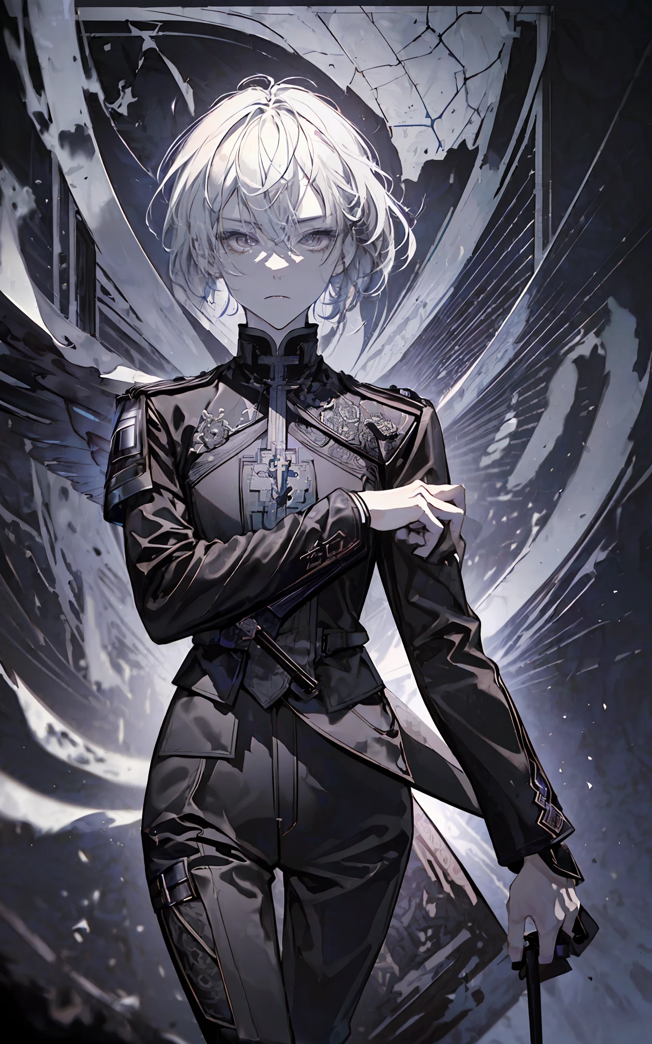 (/(castlevania/) style:1.3), (1person, futanari, androgynous:1.5),(thin, skinny:1.3),(pale skin, light grey skin color:1.3),(short hair, white hair:1.4),(grey eyes:1.3),((black outfit, black clothes, leather outfit), rouge outfit, pants, boots:1.5),(holding knives), night sky on background /( victorian city/), masterpiece, best quality, ultra-detailed, tessellation, depth of field, ultra realistic, poster, style of artstation, illustration, cinematic, atmospheric shot, seductive body proportions, high saturation image, high sharp character, many small details, detailed iris of eyes,(ruins background, detailed background, nighttime:1.2),(blood splashes, knives:1)