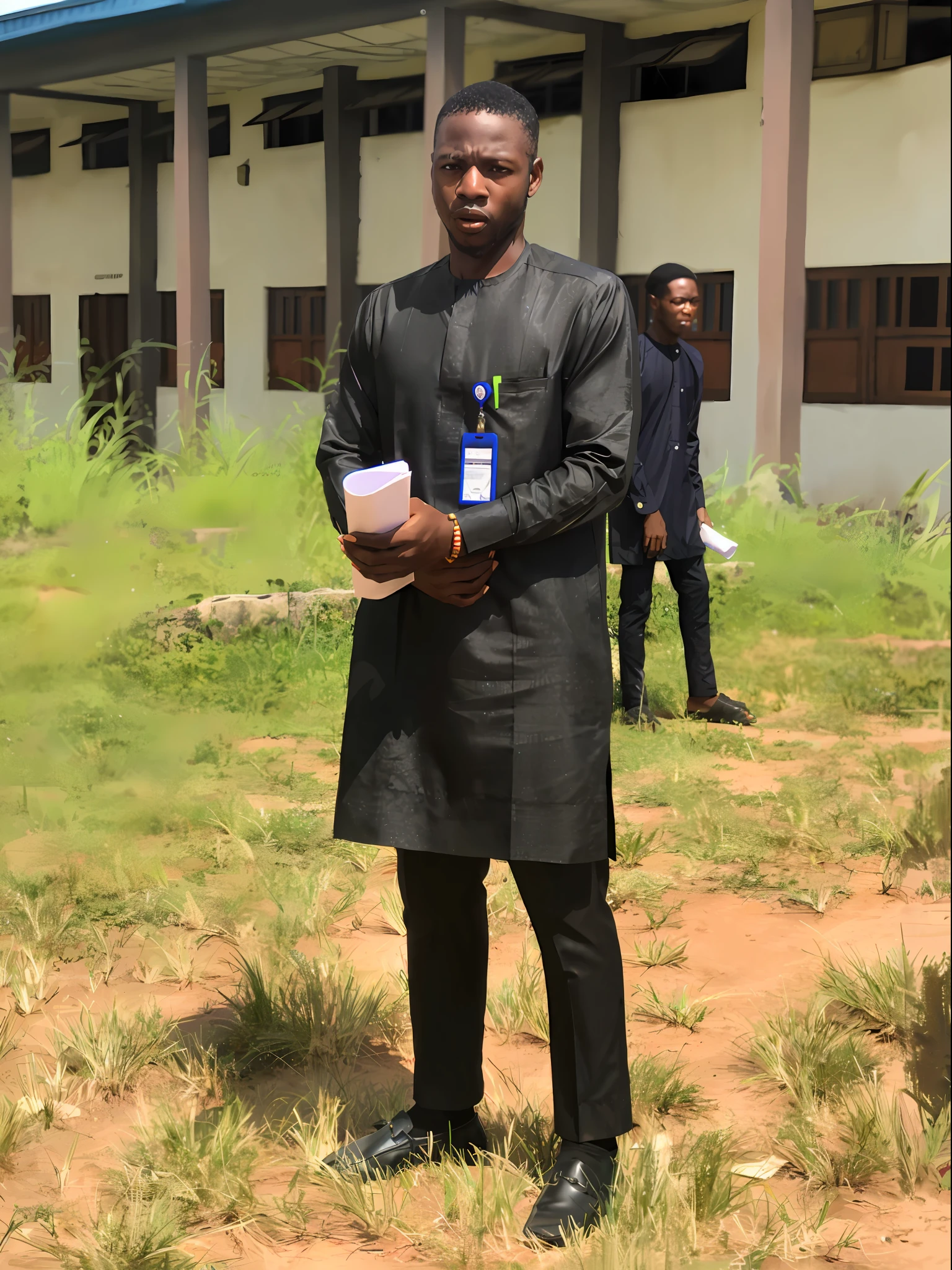 there is a man standing in a field holding a book, wearing an academic gown, post graduate, Adedayo oluwafemi, full body picture, wearing authentic attire, full body photogenic shot, doing an elegant pose, background is heavenly, peaceful environment, godwin akpan, professional picture, standing in class, handsome man, by Chinwe Chukwuogo-Roy