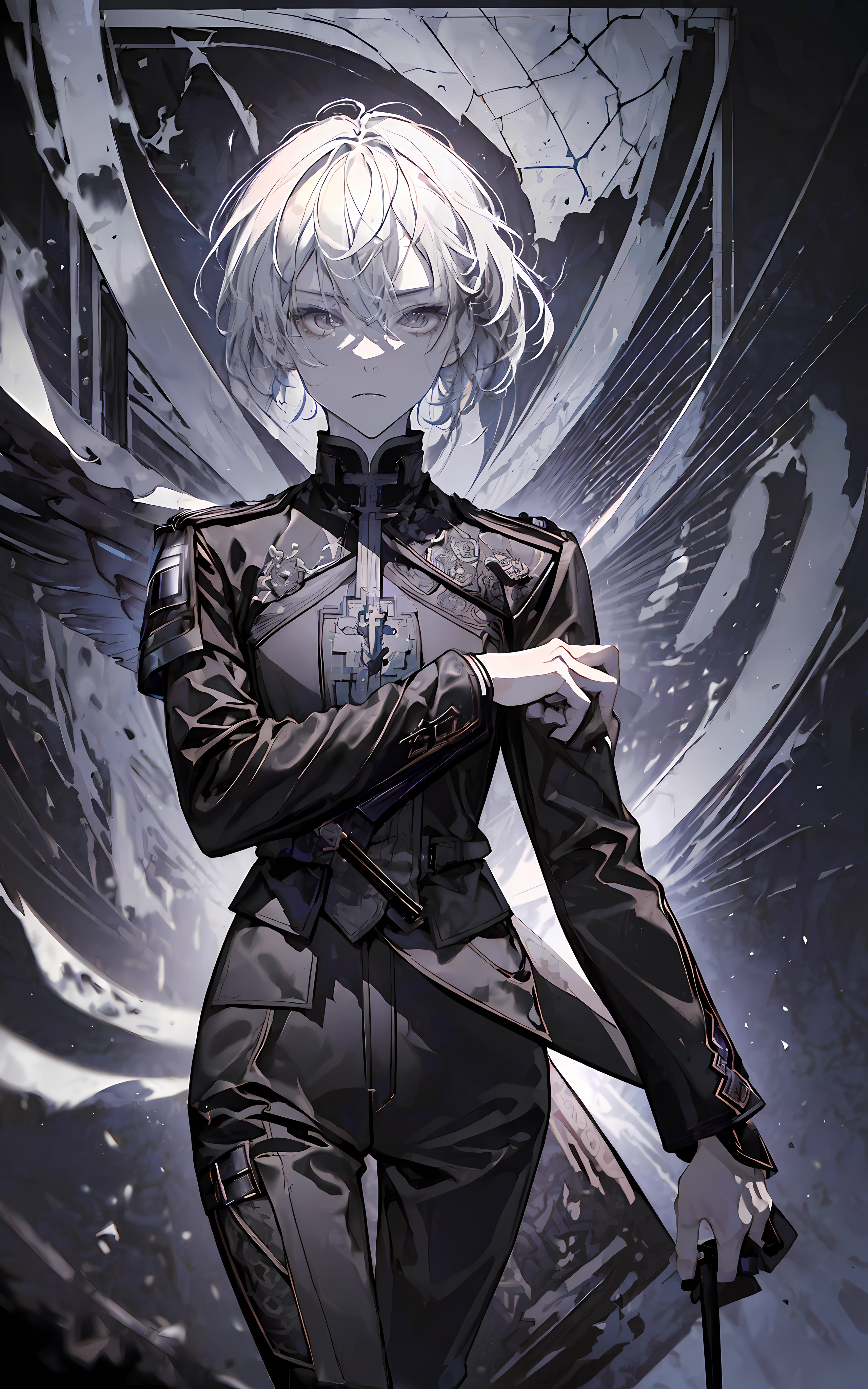 (/(castlevania/) style:1.3), (1person, futanari, androgynous:1.5),(thin, skinny:1.3),(pale skin, light grey skin color:1.3),(short hair, white hair:1.4),(grey eyes:1.3),((black outfit, black clothes, leather outfit), rouge outfit, pants, boots:1.5),(holding knives), night sky on background /( victorian city/), masterpiece, best quality, ultra-detailed, tessellation, depth of field, ultra realistic, poster, style of artstation, illustration, cinematic, atmospheric shot, seductive body proportions, high saturation image, high sharp character, many small details, detailed iris of eyes,(ruins background, detailed background, nighttime:1.2),(blood splashes, knives:1)