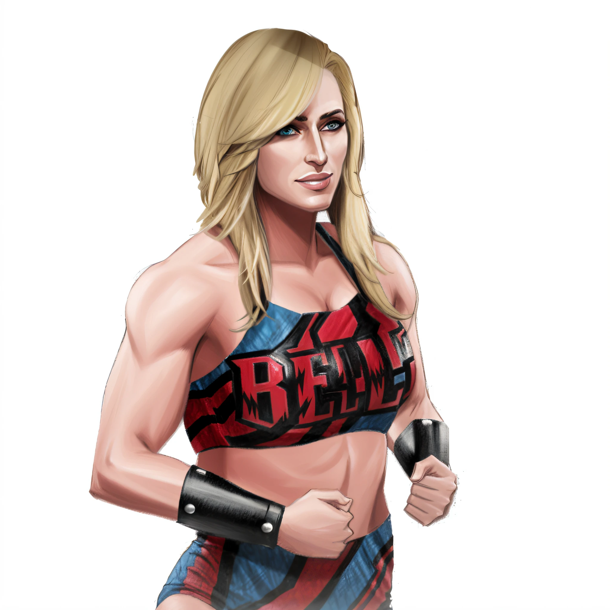 a blonde woman in a wrestling bra and wrestling trunks, realistic artstyle