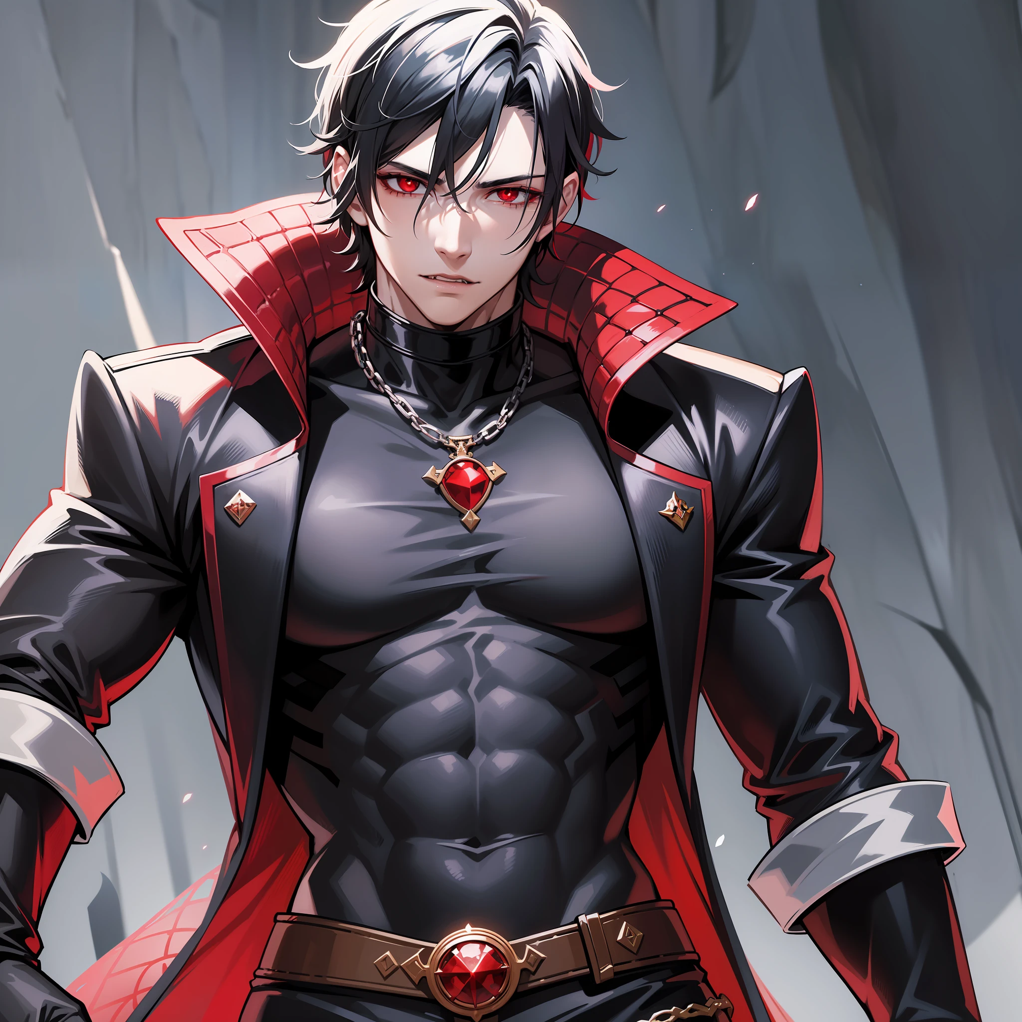 A single vampire (male), (manly), (adult), (attractive) light-skinned not very pale, with sophisticated and chic clothes, short straight black hair, masculine and charming features, (anime), bright red eyes and thin-tipped middle ears, muscular with the clothes on top leaving only the mark of his muscles but covering his body respectfully, in a dark and gloomy setting, which leaves only the vampire's red eyes glowing in the vast darkness