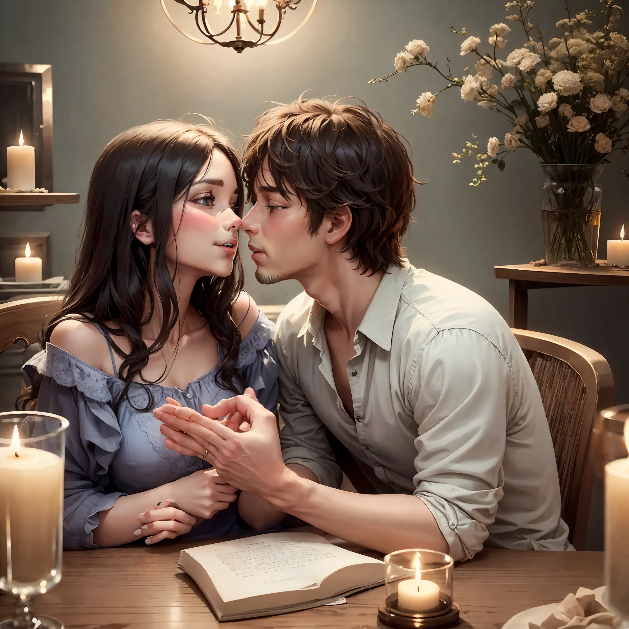 The image shows a couple in a romantic and intimate setting, perhaps in their own home. The man is standing, holding a guitar and singing a song to the girl, who is sitting at the dining table across from him. (They are looking deep into each other's eyes, 1.5) with admiration and affection. The expression on the man's face is one of passion and emotion as he sings the song with all his heart. The girl looks thrilled and touched by the man's declaration of love. The atmosphere around the couple is cozy and welcoming, with lit candles and a homely décor, creating a perfect mood for a romantic and intimate moment. It's a beautiful and exciting scene of love and passion.
