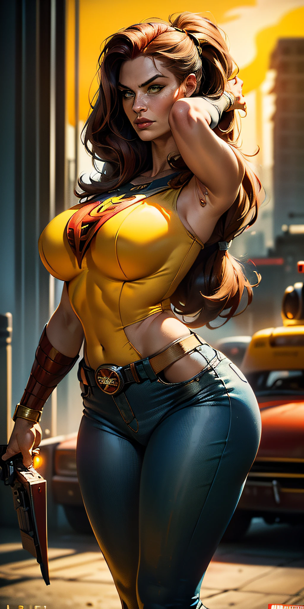 American World War II poster, Gil Elvgren style ((detailed skin)) (((A young woman with long size straight red hair up to the waist in superhero pose with yellow T-shirt and blue jeans))) ((detailed outfit entirely red with gold)) (cars in the background of the image) (((robotic left arm)) (((cyberpunk arm)))adobe lightroom, hero uniform, 1 girl, Solo, good body, side light, poster art style. 1980s, 1950s, 1960s, 1940s, basic color scheme, very colorful poster, colorful art, third rule, inspiring, woman, 1 25-year-old girl, hair blowing in the wind, looking at the viewer, blurred background, curvy body, green eyes