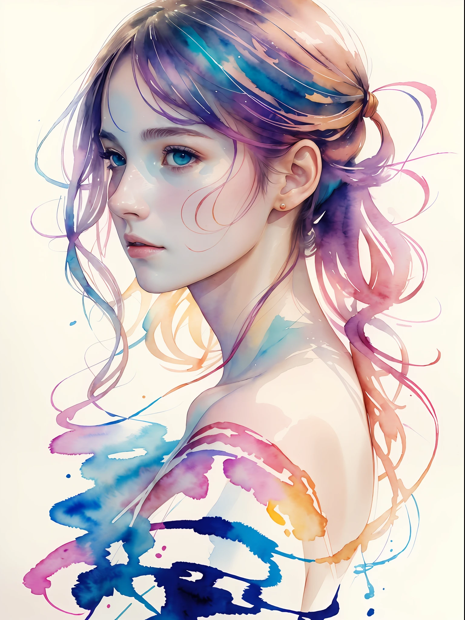 (8k, best quality, masterpiece:1.2),(best quality:1.0), (ultra highres:1.0), watercolor, a beautiful woman, shoulder, hair ribbons, by agnes cecile, half body portrait, extremely luminous bright design, pastel colors, (ink:1.3), autumn lights