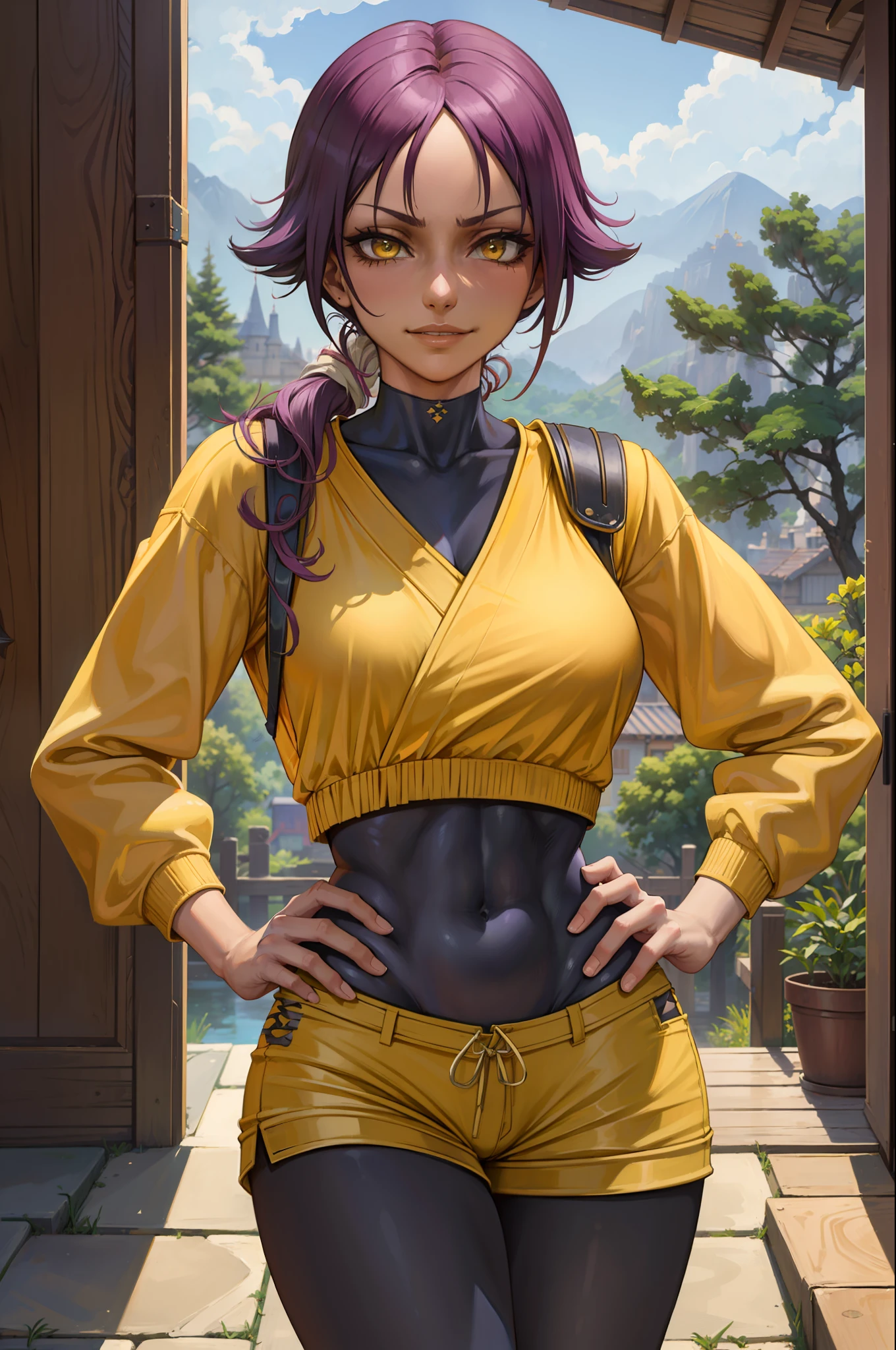 (masterpiece, best quality:1.2), solo, 1girl, shihouin yoruichi, smirk, looking at the viewer, hands on hips, tail, realistic eyes, best quality, closed mouth, beautiful lighting, cinematic, 8k, facial, wet face, liner, wooden walls, medium tits, yellow sweatshirt, short shorts, wide hips, yellow eyes, erotica