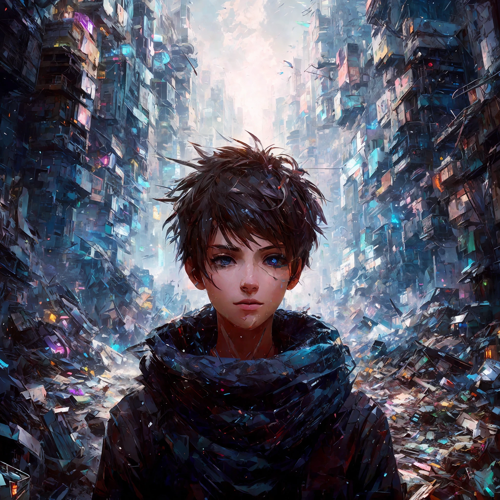 a close up of a person standing in a city with a lot of debris, bastien grivet, digital cyberpunk anime art, artwork in the style of guweiz, digital cyberpunk - anime art, greg beeple, wojtek fus, cinematic beeple, style hybrid mix of beeple, beeple and jeremiah ketner