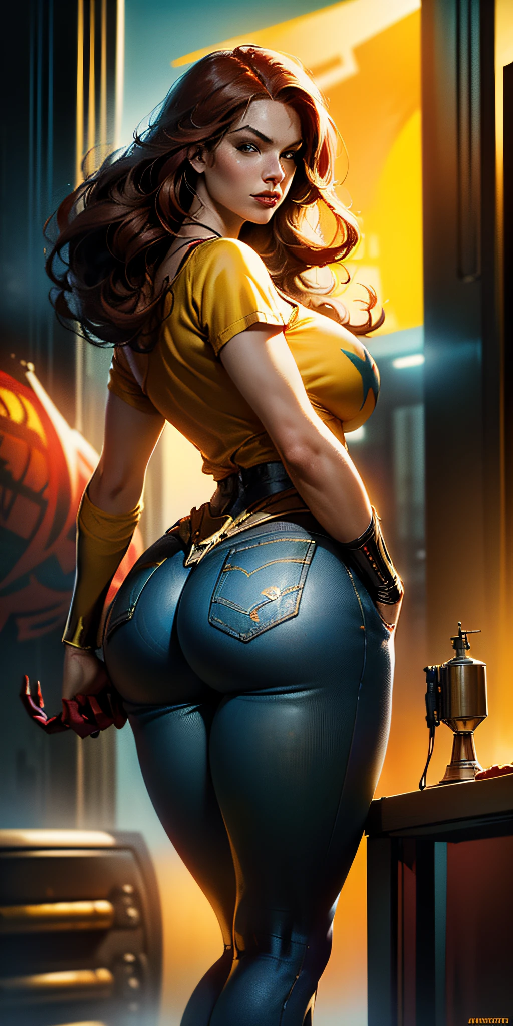 American World War II poster, Gil Elvgren style ((detailed skin)) (((A young woman with long size straight red hair up to the waist in superhero pose with yellow T-shirt and blue jeans))) ((detailed outfit entirely red with gold)) (cars in the background of the image) (((robotic left arm)) (((cyberpunk arm)))adobe lightroom, hero uniform, 1 girl,  Solo, good body, side light, poster art style. 1980s, 1950s, 1960s, 1940s, basic color scheme, very colorful poster, colorful art, third rule, inspiring, woman, 1 25-year-old girl, hair blowing in the wind, looking at the viewer, blurred background, curvy body, green eyes