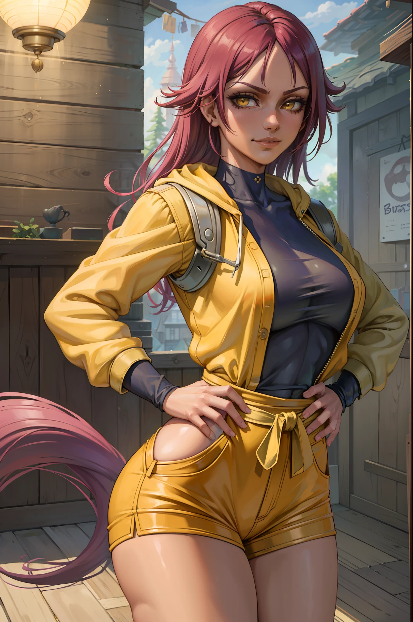 (masterpiece, best quality:1.2), solo, 1girl, shihouin yoruichi, smirk, looking at the viewer, hands on hips, tail, realistic eyes, best quality, closed mouth, beautiful lighting, cinematic, 8k, facial, wet face, liner, wooden walls, medium tits, yellow sweatshirt, short shorts, wide hips, yellow eyes, erotica