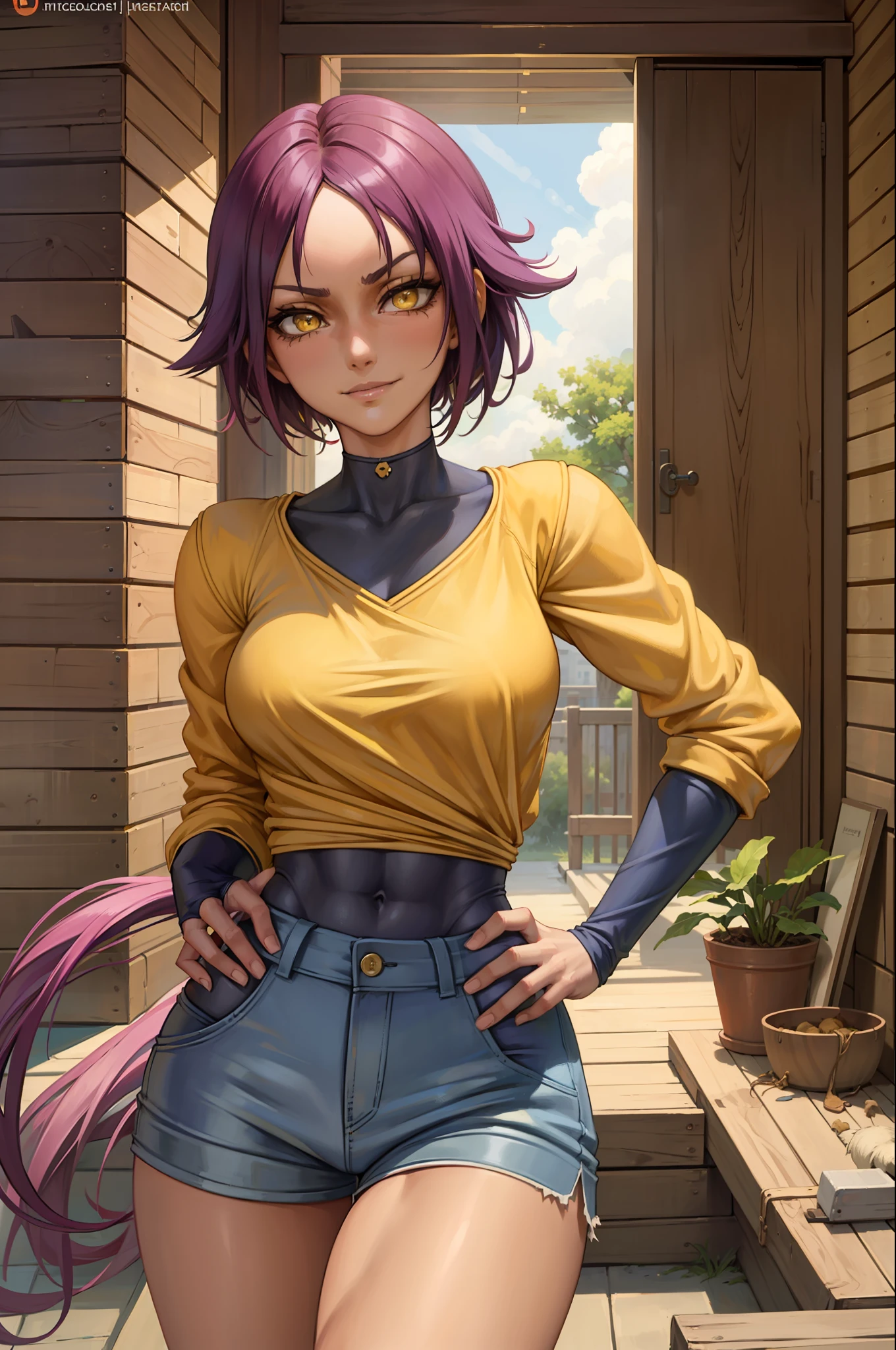 (masterpiece, best quality:1.2), solo, 1girl, shihouin yoruichi, smirk, looking at the viewer, hands on hips, tail, realistic eyes, best quality, closed mouth, beautiful lighting, cinematic, 8k, facial, wet face, liner, wooden walls, medium tits, yellow sweatshirt, short shorts, wide hips, yellow eyes, erotica