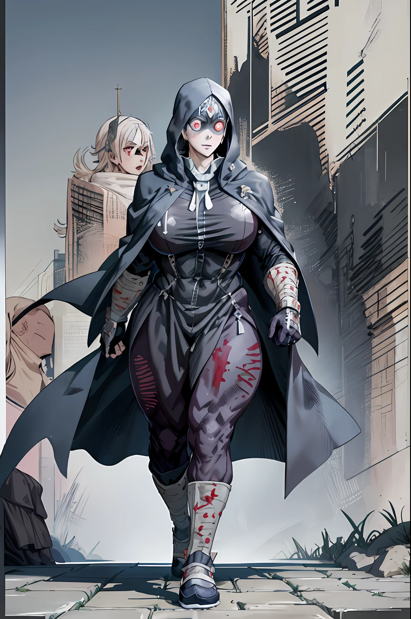 noi_dorohedoro, noi, muscular girl, huge chest, tall woman, priestess, martial art, modest, fully clothed, bent, pants, cloak, priestess, holy, walking, smile, coat, medieval, unmasked, nun, cloak,walking