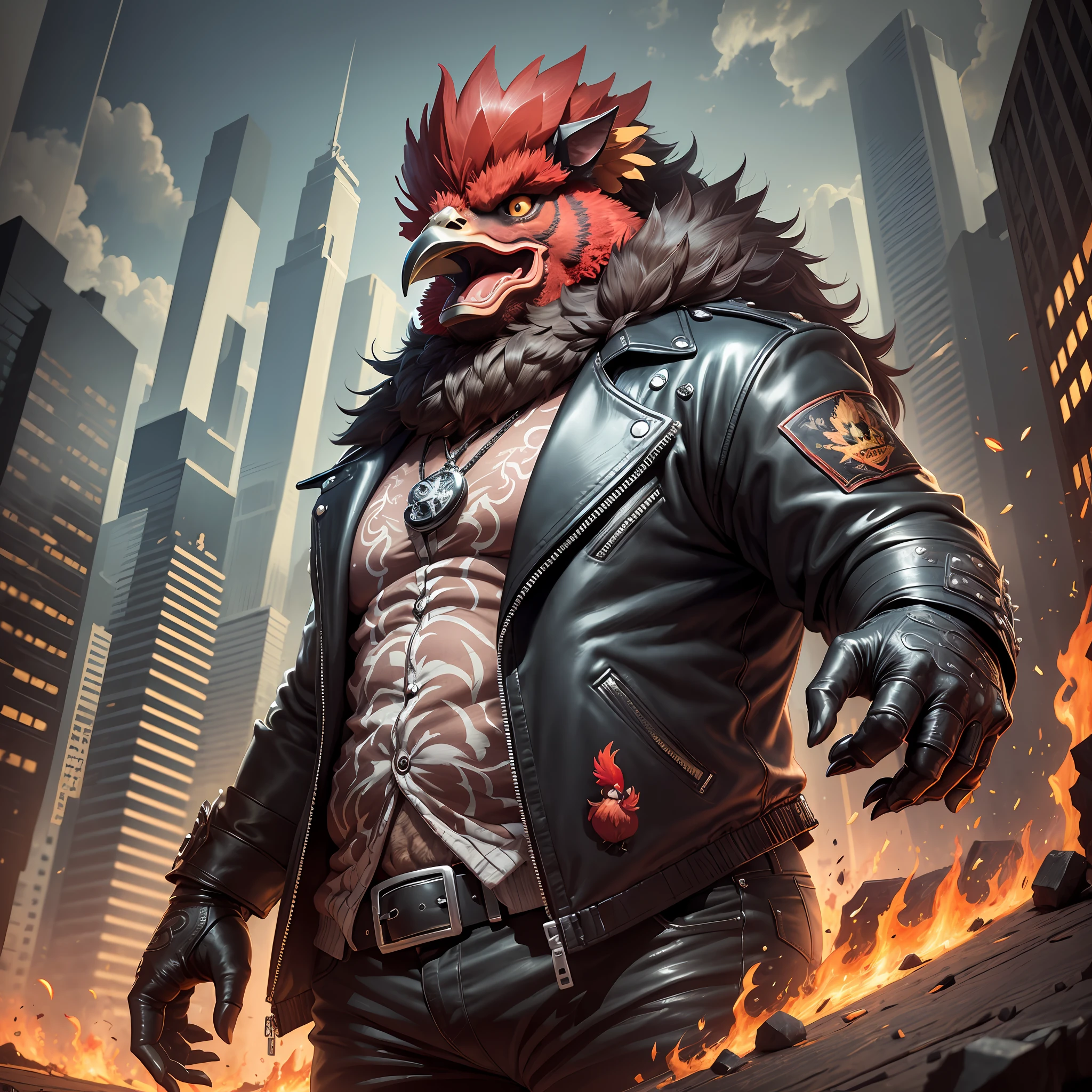 ((best quality)), ((ultradetailed)), ((masterpiece)), illustration, theme: animal mafia, animal: angry rooster, build: small very fat jumping wearing: leather jacket, expression: fierce, scary, period view: looking forward 3/4, background: dark and sandy atmosphere, resolution: 8K