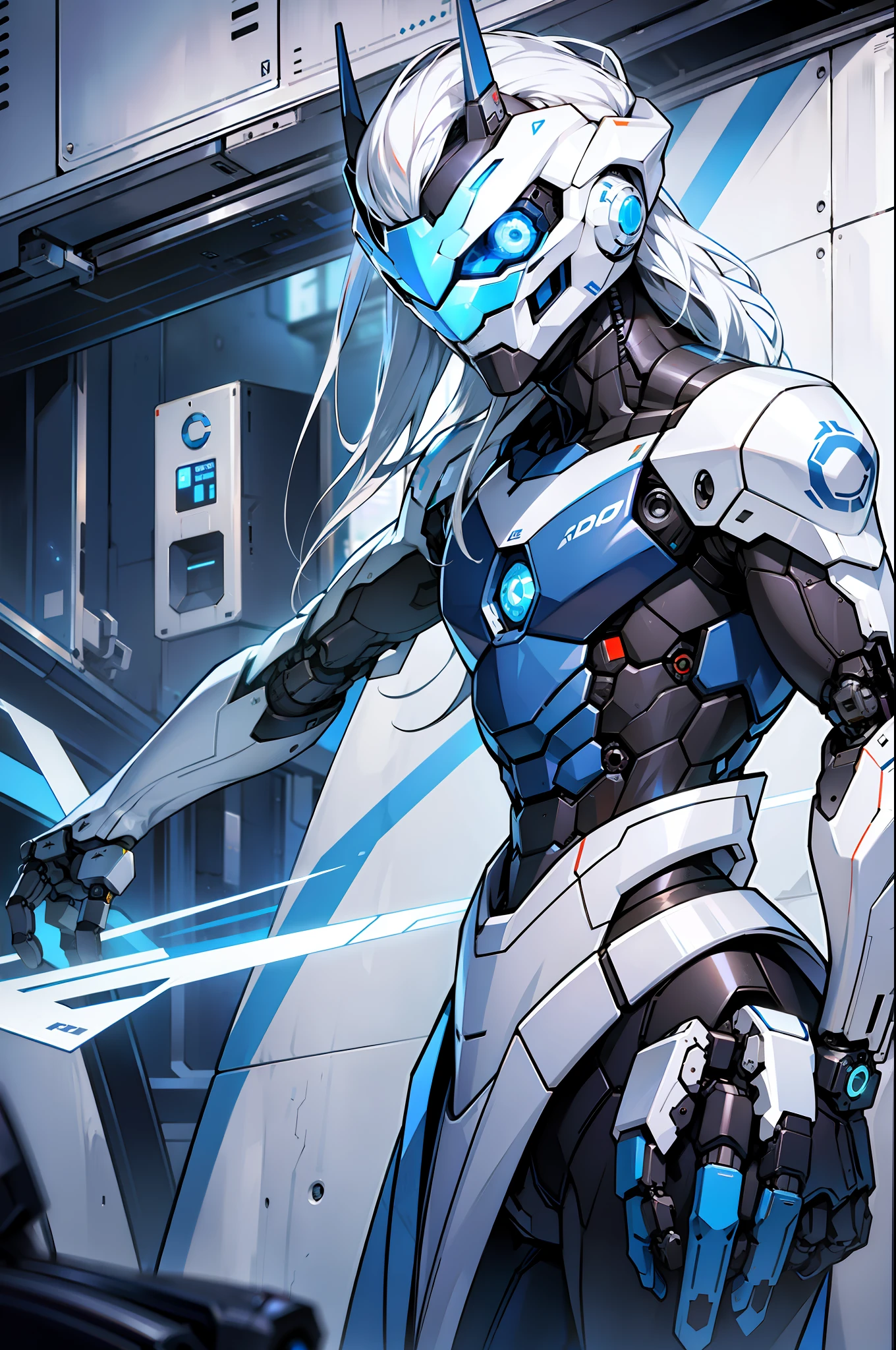 A boy, ciborg, with white and blue clothes, messy long white hair and blue eyes, robotic arm, robotic mask