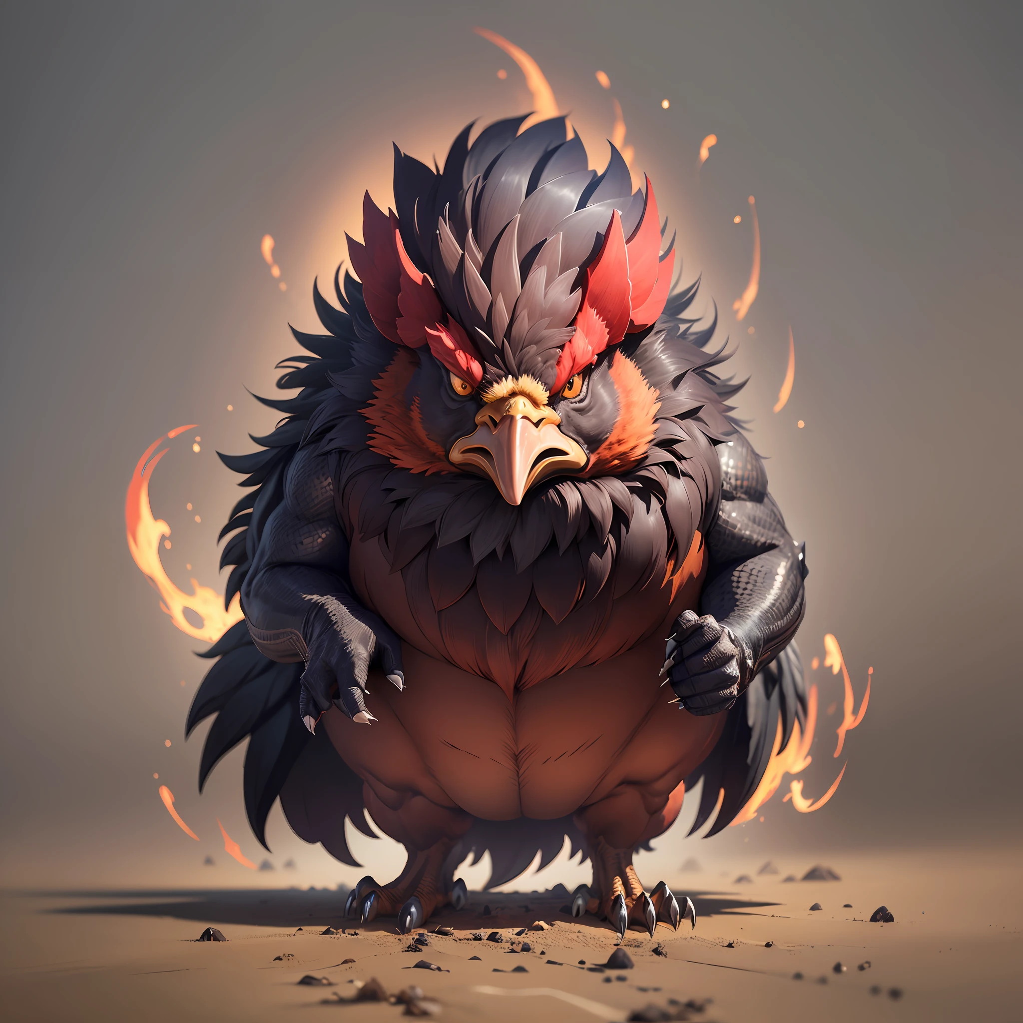 ((best quality)), ((ultradetailed)), ((masterpiece)), illustration, theme: animal mafia, animal: angry rooster, build: small very fat jumping wearing: leather jacket, expression: fierce, scary, period view: looking forward 3/4, background: dark and sandy atmosphere, resolution: 8K